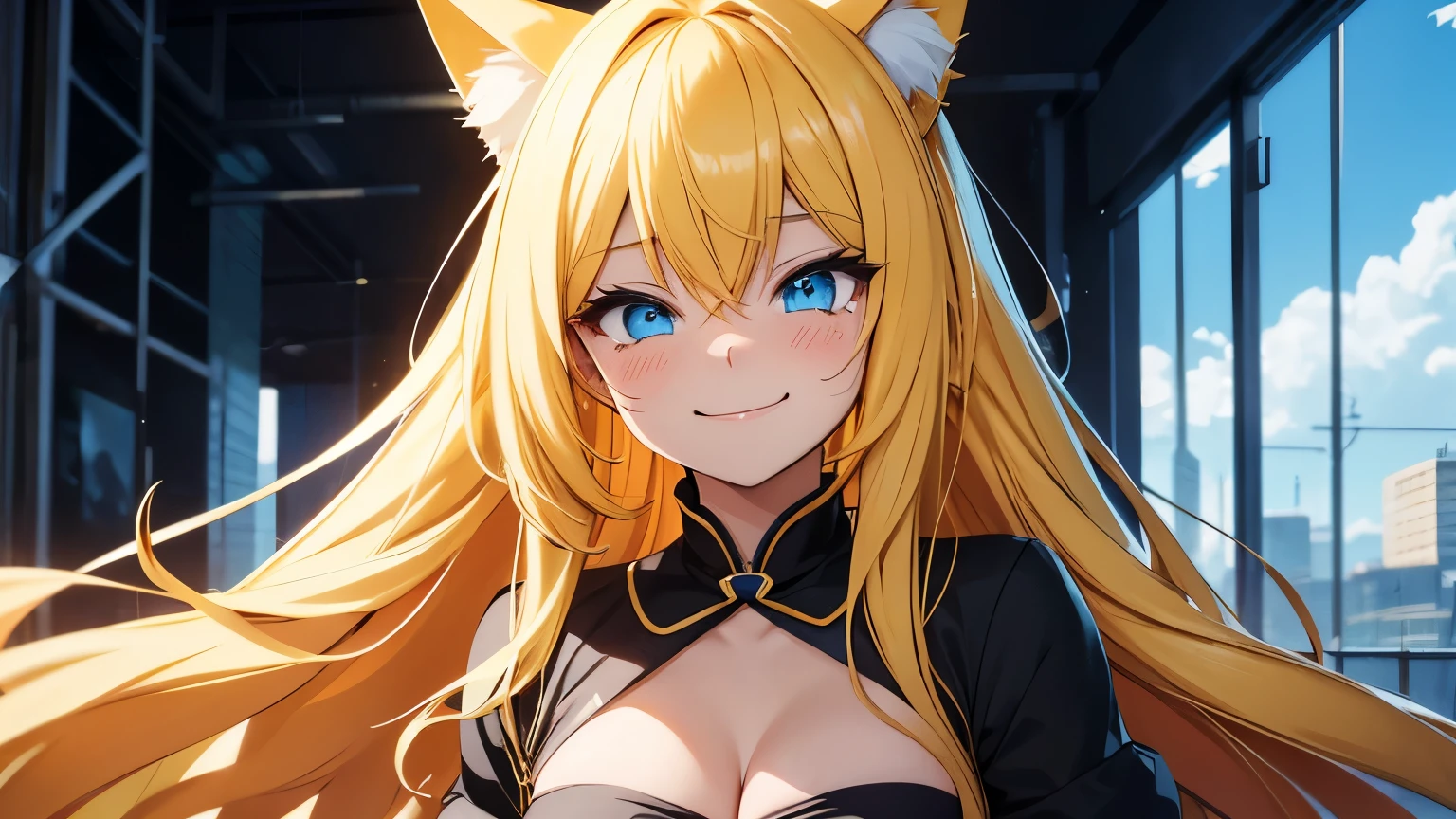 Anime cat girl with long yellow hair and blue eyes is smiling through tears.