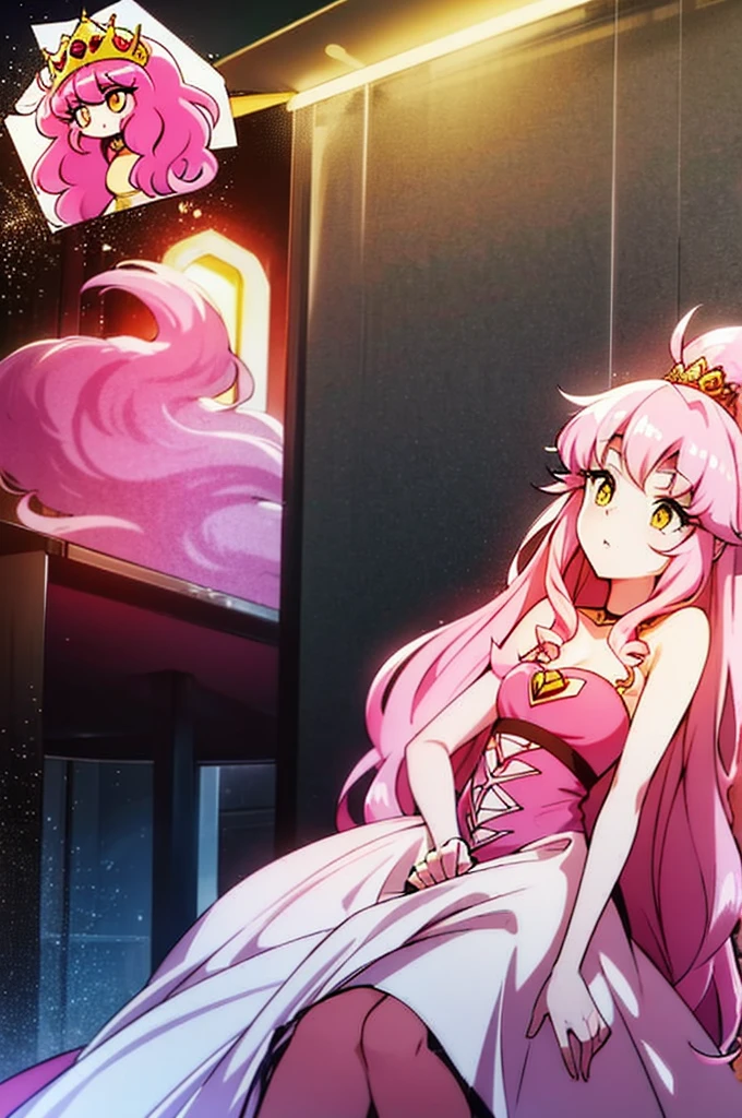 long pink wavy hair and yellow eyes, princess dress and 25 year old girl with breast