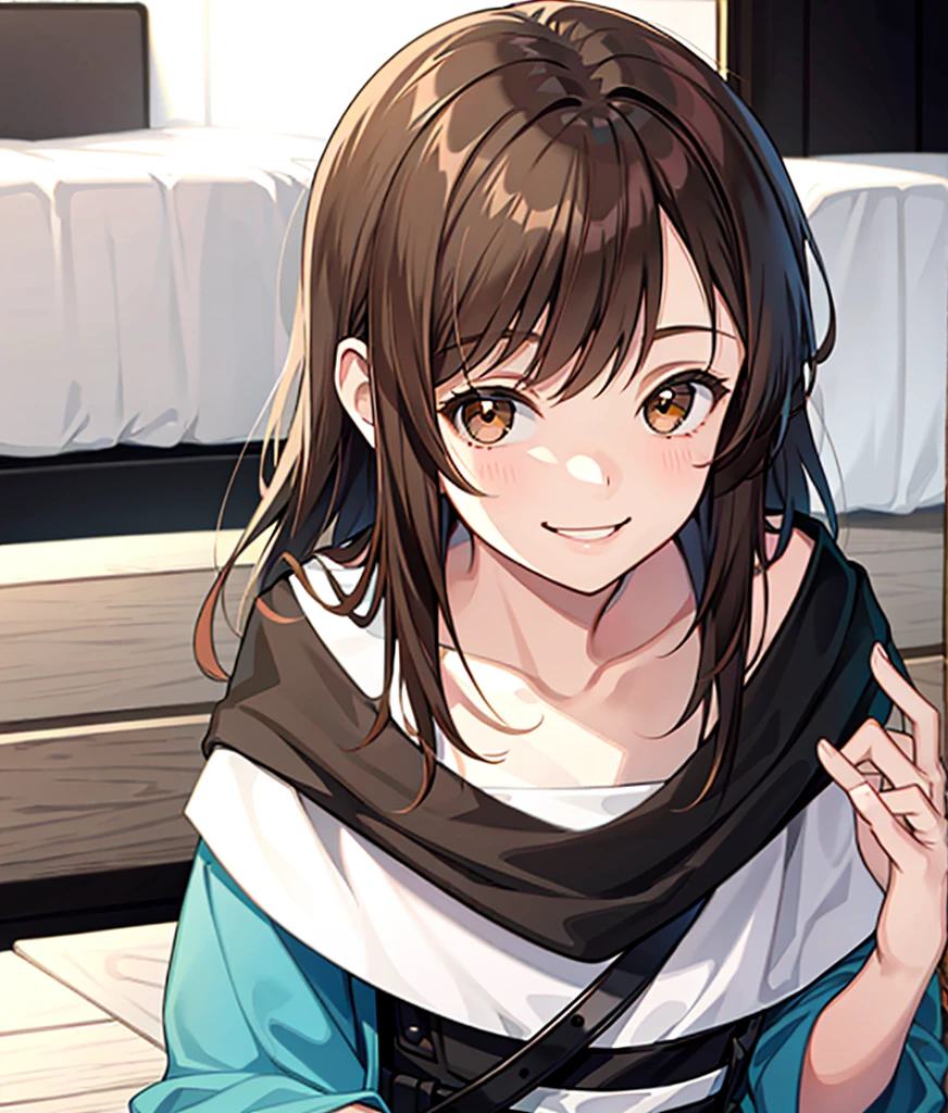 A girl with brown hair, brown eyes, and smiling