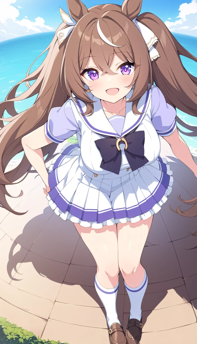 Absurd, High resolution, Super detailed, smile,Open your mouth,Are standing, View your viewers,vestige , Summer uniform, Seraphim, puffy short sleeve, bow tie, Horseshoe ornament, Sailor collar, Sailor shirt, Frills, White Skirt, Purple Shirt, mini skirt, zettai ryouiki, White knee socks, Brown footwear, shoes,Byblos \(umamusume\),Twin tails, Brown Hair, Long Hair, Have,Large Breasts, Purple eyes, Multicolored Hair, earrings, Hair Ribbon,