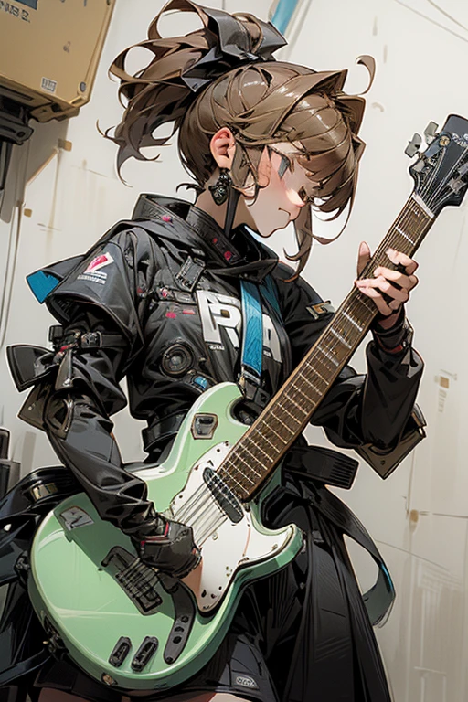 MECA,droid,robot,guitar,1girl,masterpiece,beat quality,superdetailed,super fine illustration,(Break ライブハウス,beautiful background,),pop,(Break she is playing a guitar.)8k,(Break perfect guitar,detailed guitar),(fullface brasched:1.3),cool face,