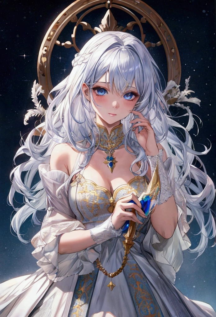 silver hair, crystal hair, Surrealism, anime, Hyperrealism, lens flare, 8k, super detail, UHD, masterpiece, accurate, anatomically correct, textured skin, super detail, high details, high quality, award winning, best quality, highres
**Theme**: Beginner girl
**Character Details**:
- **Hair Color**: Silver
- **Personality**: Quiet but curious
- **Clothing**: Cute dress
**Background**: Starry sky