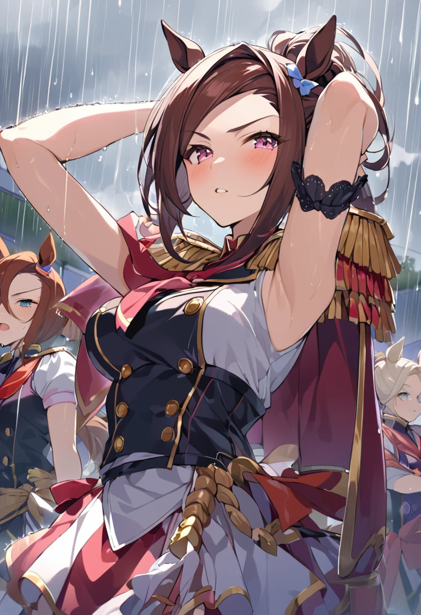masterpiece, Highest quality,, Sakura Bakushin ○ (umamusume),, (cl○se-up:1.2), rain, cl○ud, cl○udy, shad○w,, seri○us, Raise the hand, Underarm, cl○sed m○uth, m○uth h○ld,, Epaulettes, black gl○ves, No sleeve, yell○w neckerchief, shirt, Tying up hair,