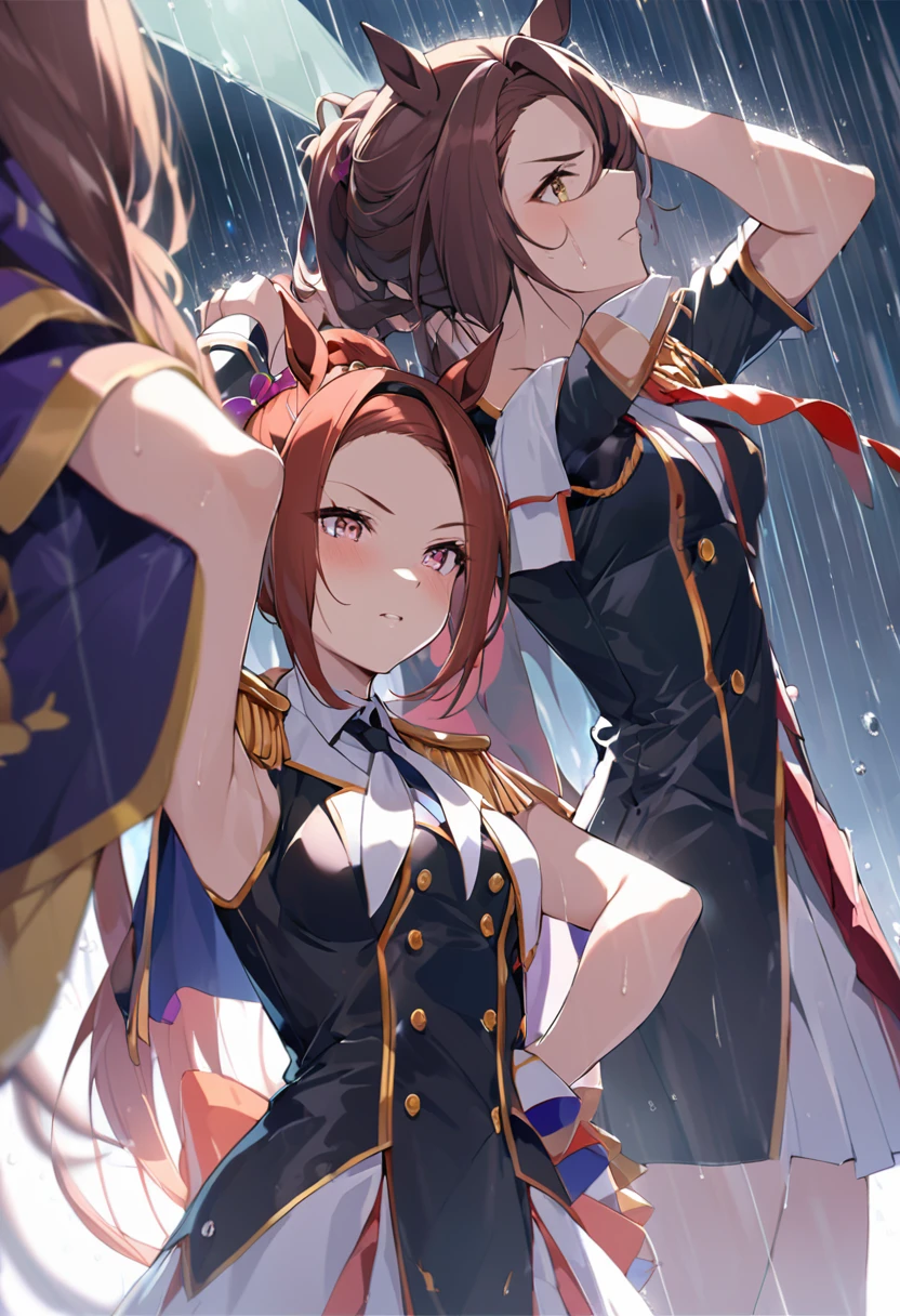 masterpiece, Highest quality,, Sakura Bakushin ○ (umamusume),, (cl○se-up:1.2), rain, cl○ud, cl○udy, shad○w,, seri○us, Raise the hand, Underarm, cl○sed m○uth, m○uth h○ld,, Epaulettes, black gl○ves, No sleeve, yell○w neckerchief, shirt, Tying up hair,