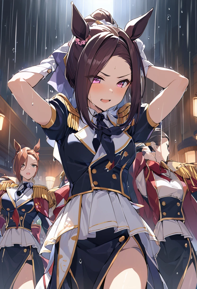 masterpiece, Highest quality,, Sakura Bakushin ○ (umamusume),, (cl○se-up:1.2), rain, cl○ud, cl○udy, shad○w,, seri○us, Raise the hand, Underarm, cl○sed m○uth, m○uth h○ld,, Epaulettes, black gl○ves, No sleeve, yell○w neckerchief, shirt, Tying up hair, 