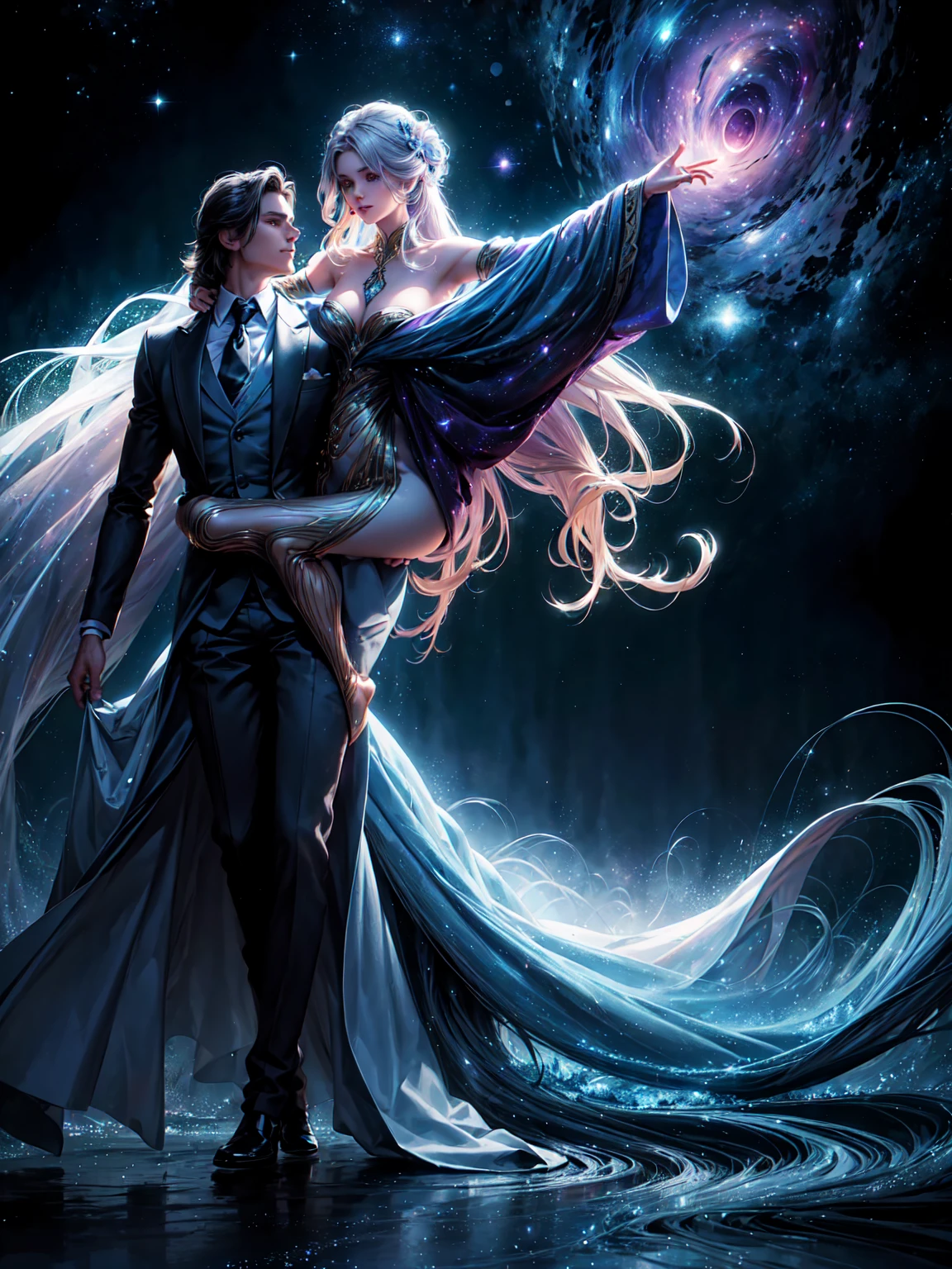 a beautiful girl dancing with a handsome prince in a magical cosmic landscape, long flowing hair, elegant dress, prince in formal prince attire, mystical celestial background with stars and galaxies, moonlight, cinematic lighting, intricate details, photo-realistic, highly detailed, digital art, matte painting style, dramatic colors, glowing energy, ethereal, romantic, dreamlike