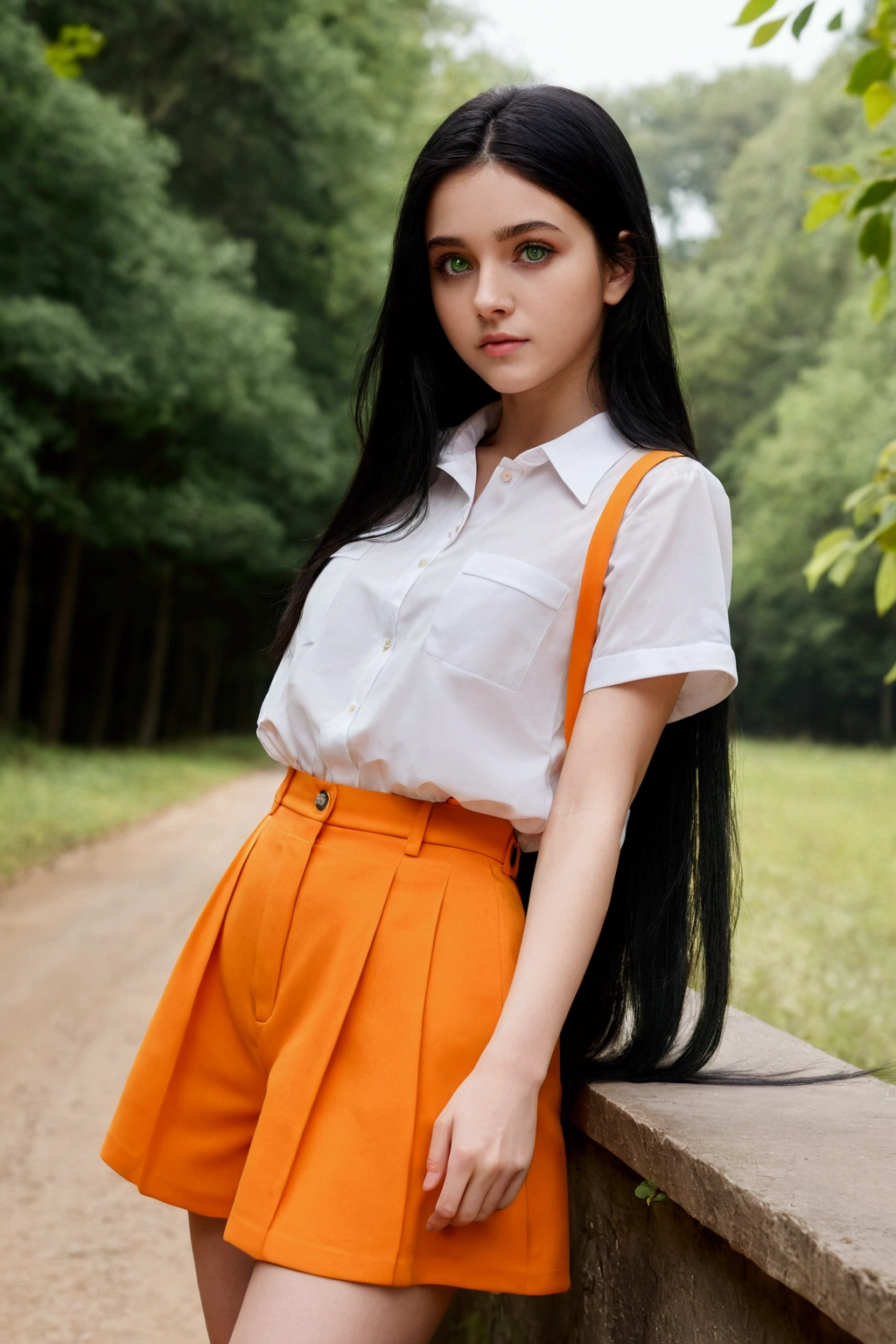 ((best quality)),((Tracking)), ((masterpiece)), (detailed), 1 girl, long black hair , dark green eyes, 18 years old , transparent light orange very short clothing