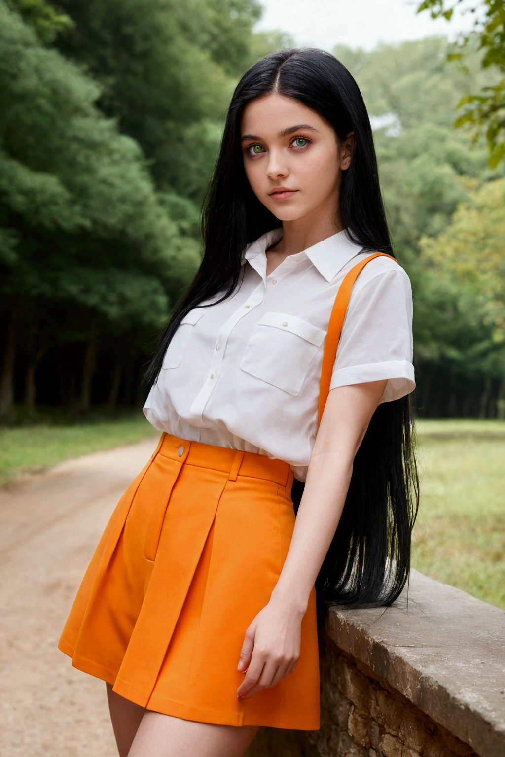 ((best quality)),((Tracking)), ((masterpiece)), (detailed), 1 girl, long black hair , dark green eyes, 18 years old , transparent light orange very short clothing