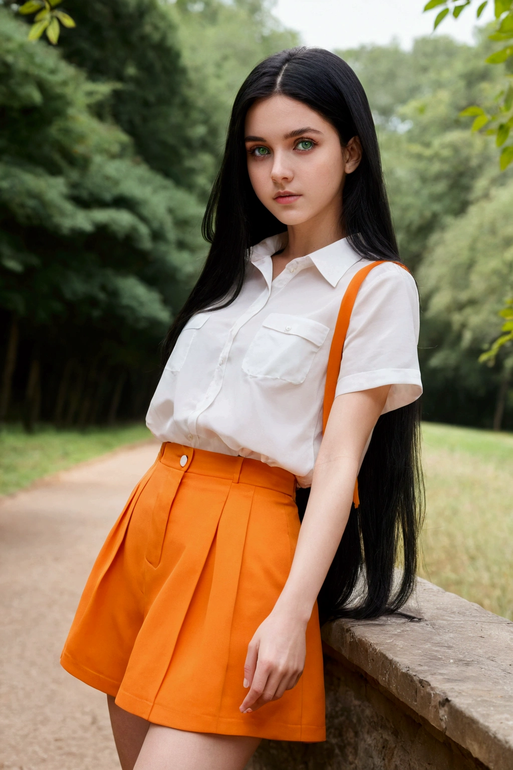 ((best quality)),((Tracking)), ((masterpiece)), (detailed), 1 girl, long black hair , dark green eyes, 18 years old , transparent light orange very short clothing