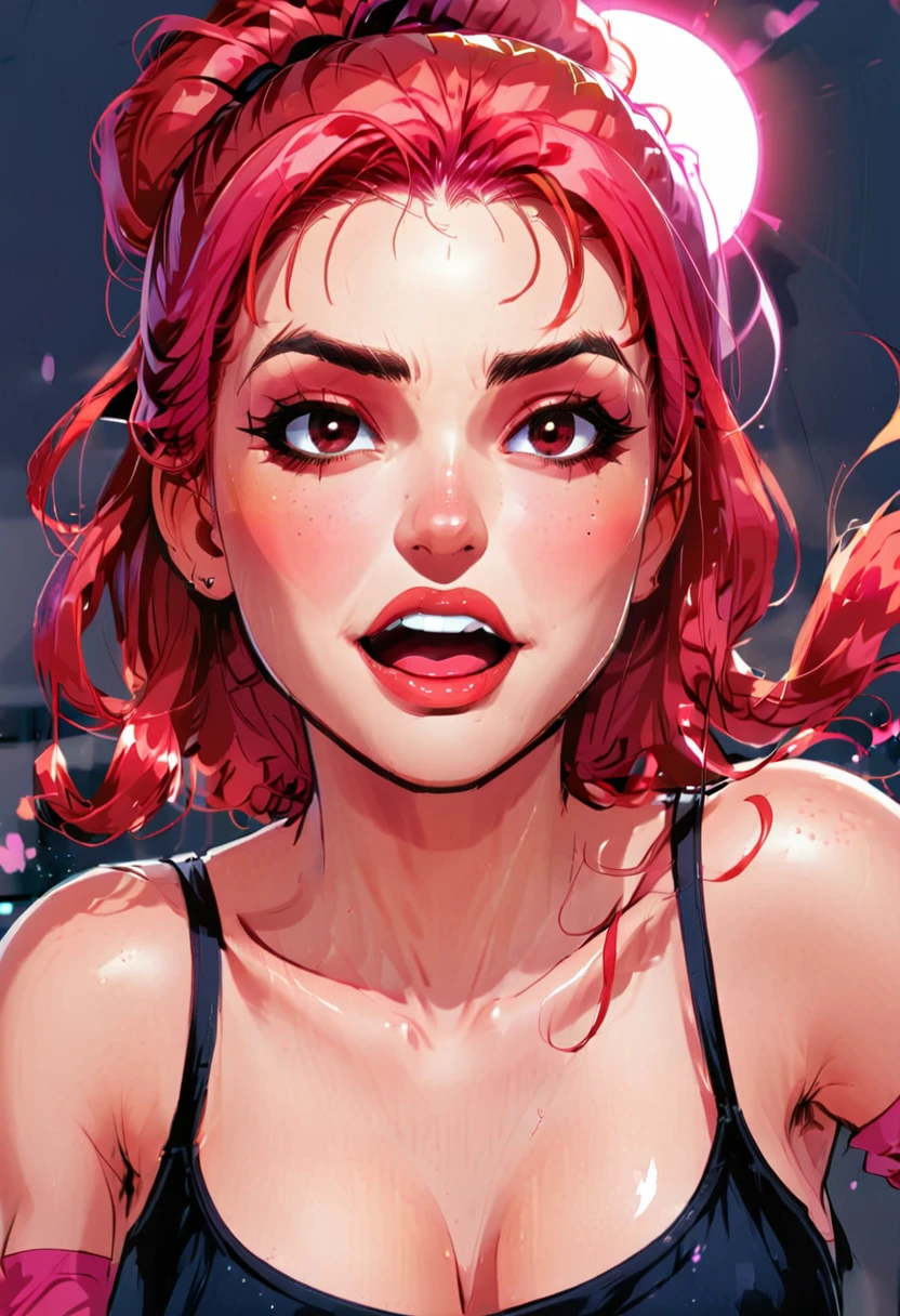 radiance: 1.0), (bright, Sketch, drawing: 1.0), 1 girl, hits, red eyes bright relucent light in hair, blush, clavicle, hair between the eyes, by the wide, looking at the viewer, GOOD, open mouth, pink hair, portrait, bright, bright hair, side ponytail,