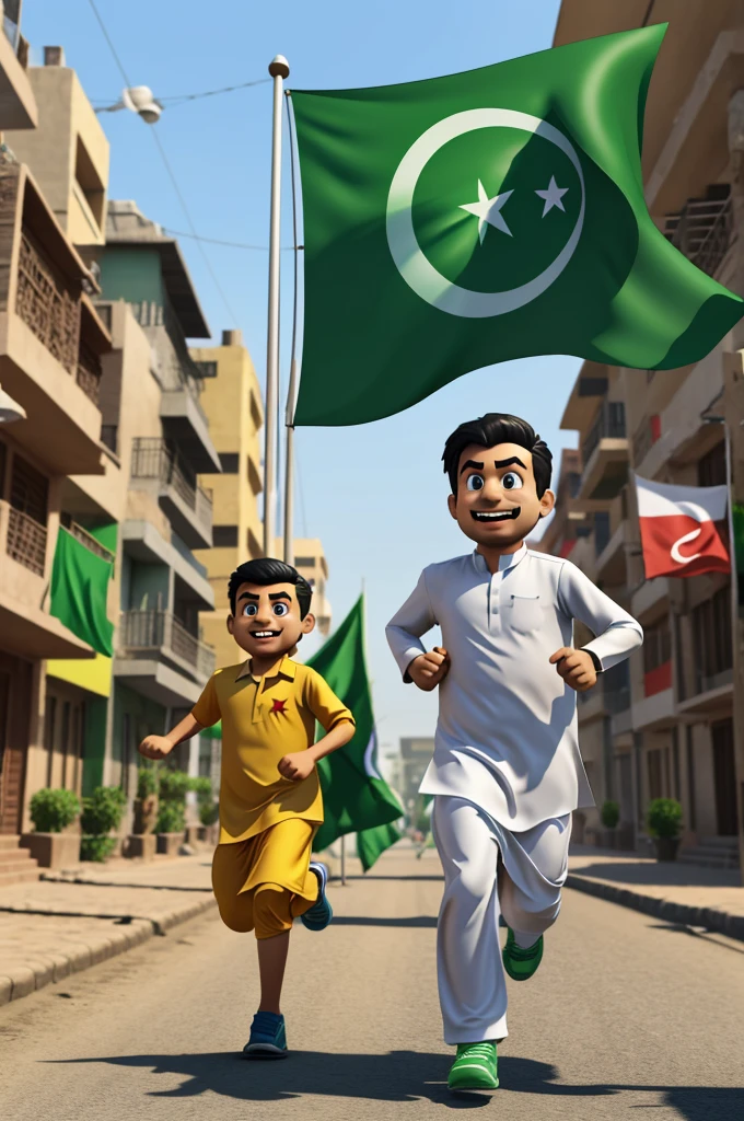 Create 3D pics of people in the form of cartoon with Pakistani flags and running away