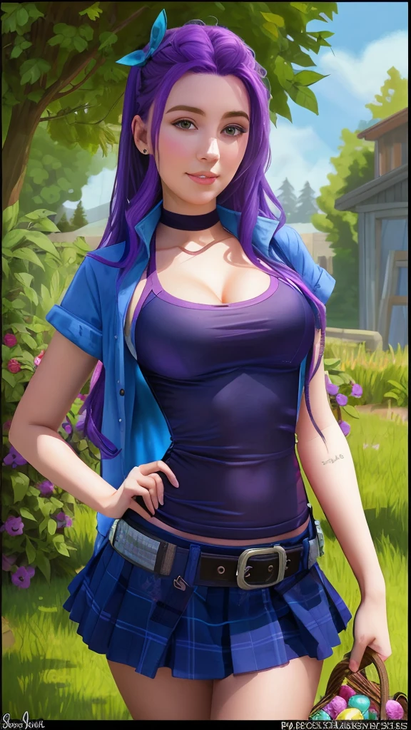 A close-up of a girl with purple hair and a blue jacket, Abigail from Stardew Valley, realistic artistic style,