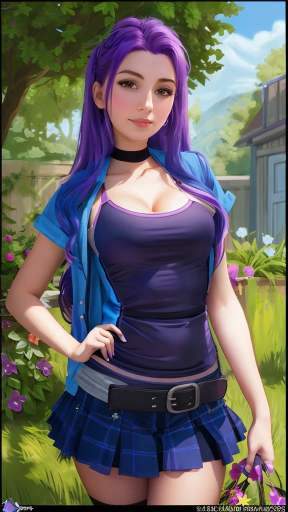 A close-up of a girl with purple hair and a blue jacket, Abigail from Stardew Valley, realistic artistic style,