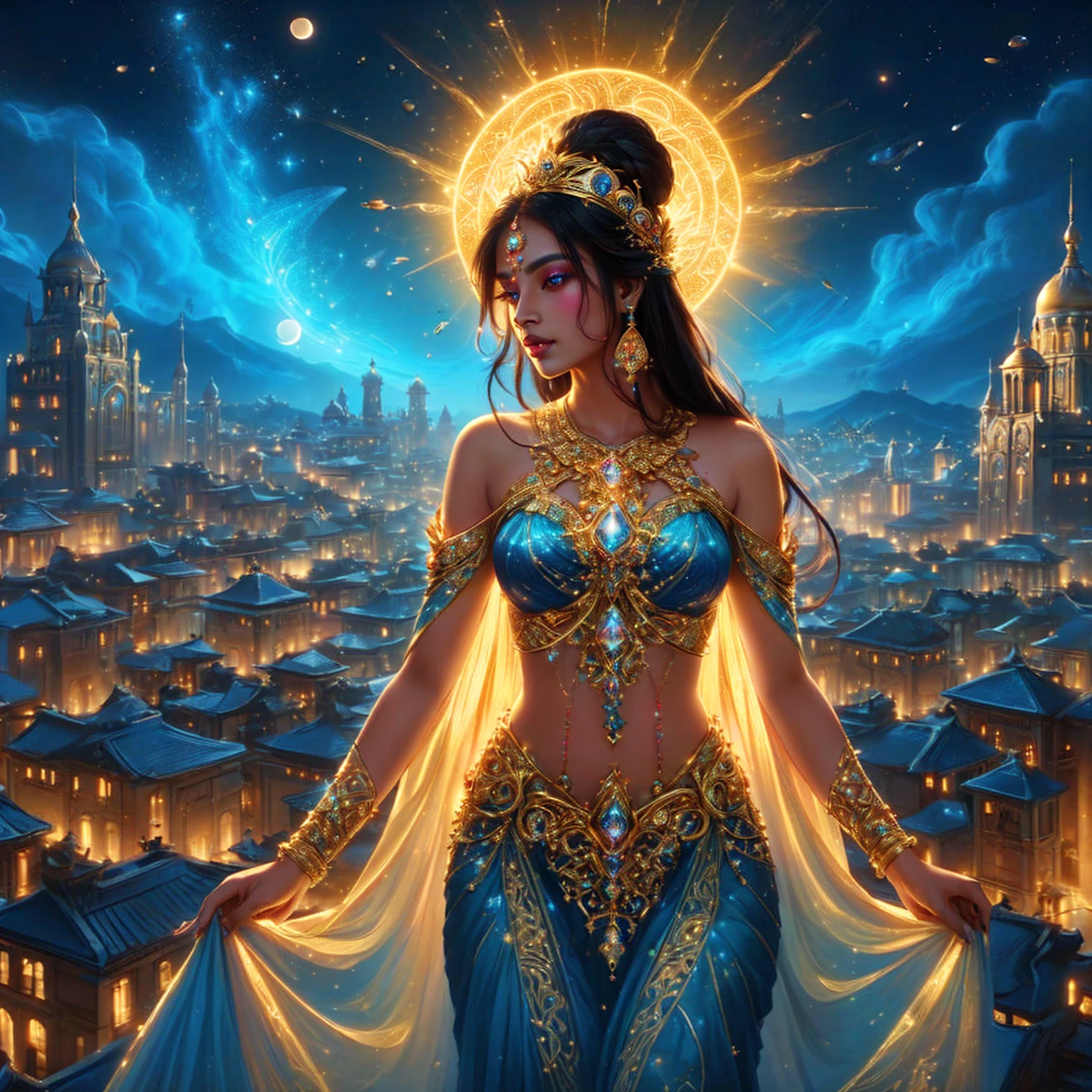 Indian super model woman , golden crown , pink mouth ,Dressed in gold, standing in front of a crescent moon., goddess of heaven, goddess of the moon, anime goddess, beautiful heavenly mage, lunar goddess, Moon Goddess, Golden Lotus Princess, Goddess of the Galaxy, Beautiful Fantasy Empress, ((Beautiful Fantasy Empress)), Goddess and Moon, As the sun goddess,, Goddess of space and time , , Fine gold jewelry , red diamond , Indian city background