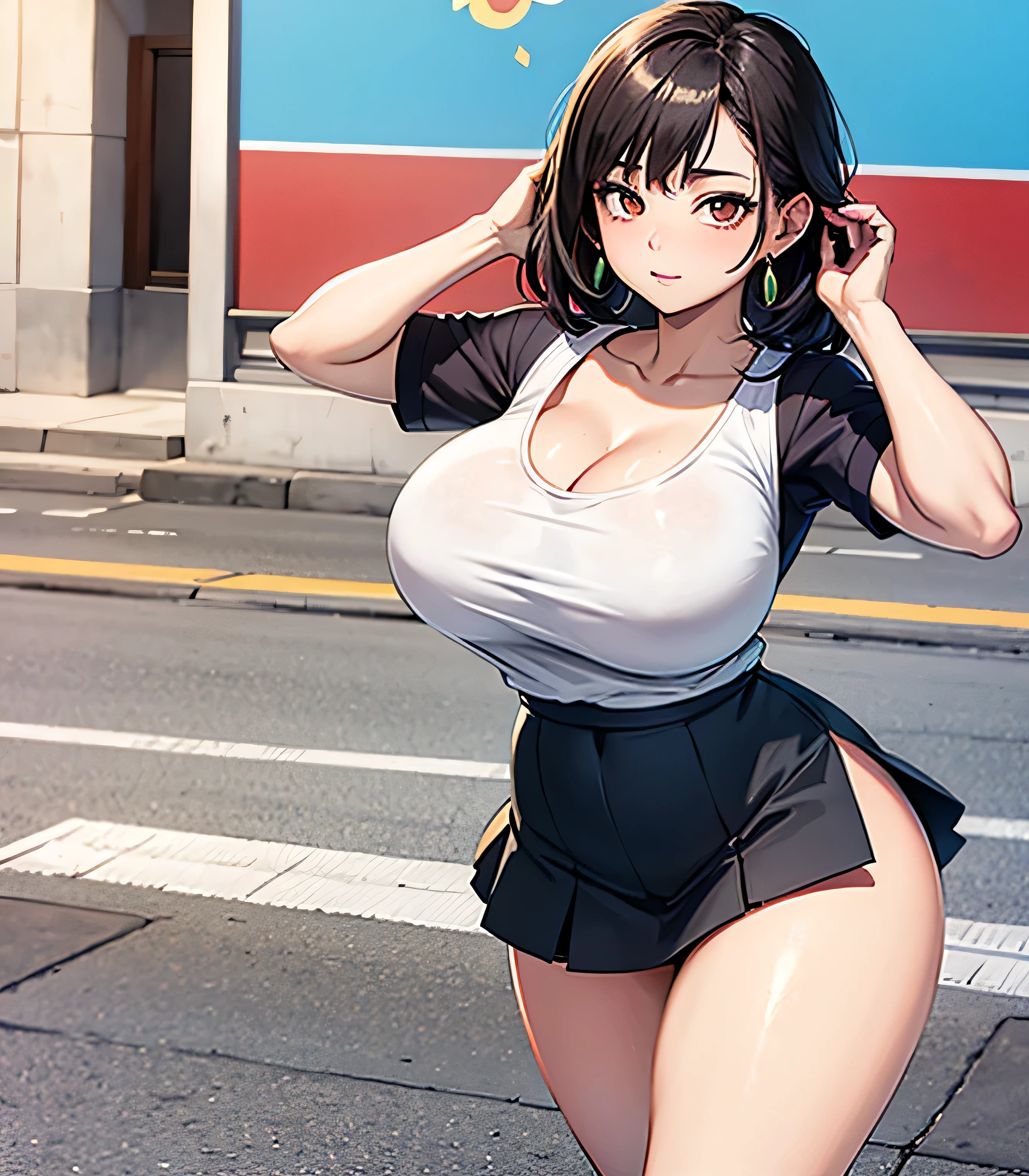 photorealistic,  high resolution,  soft light, 1women,  solo,  hips up,  dynamic pose,  shining skin,  jewelry,  tattoo, street wear, cropped t-shirt, skirt, 19 years old, large breasts, triple D cup breasts, round buttocks, bubbly buttocks, wide hips, bubbly ass, fit and strong, slender body, drinking boba tea