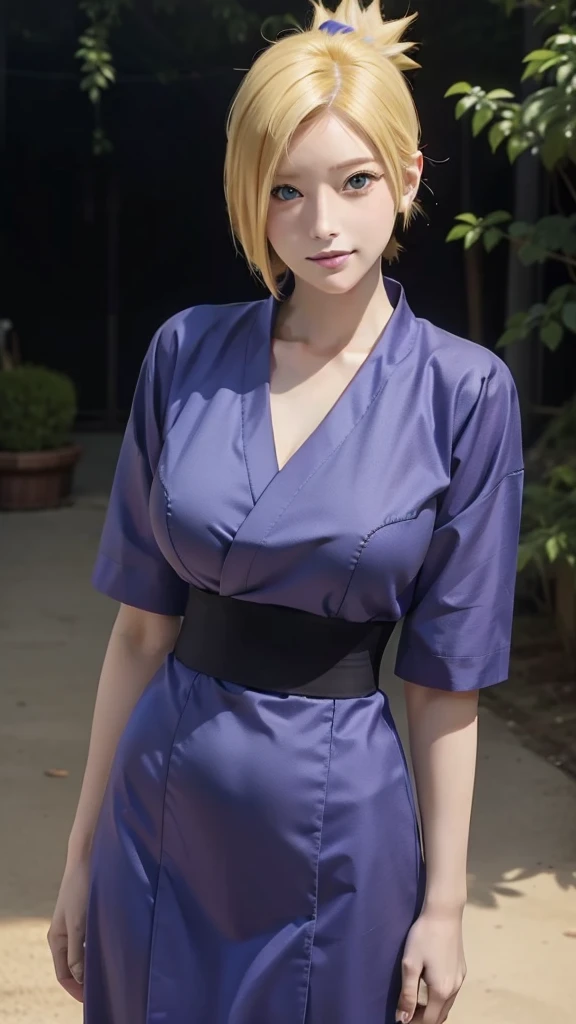 1girl, temari in anime naruto, short hair, yellow hair, blue eyes, smile, beautiful, sexy clothes, sexy dress, white clothes, very big breast, realistic clothes, purple clothes, outdoor background, ultra detail, realistic