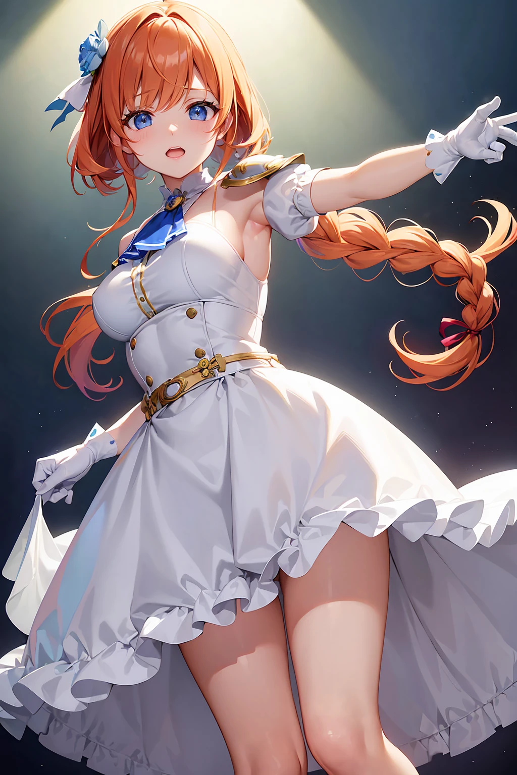 Pecorine, Pecorine, blue eyes, hair ornaments, Long Hair, Orange Hair, Tierra, Braiding, Hair Braiding,
Break Arm Belt, armor, Ascot, Blue socks, Knee-high boots, dress, gloves, hair ornaments, Open your clothes, オープンdress, Scapula, プリーツskirt, puffy short sleeve, Puff sleeves, レッドAscot, 赤いskirt, Short sleeve, Shoulder Armor, Unipolar Drone, skirt, socks, White dress, White footwear, 白いgloves,
break looking at viewer, break outdoors,standing、
break (Tabletop:1.2), Highest quality, High resolution, unity 8k wallpaper, (figure:0.8), (Beautiful attention to detail:1.6), Highly detailed face, Perfect lighting, Highly detailed CG, (Perfect hands, Perfect Anatomy),、(skirt lift:1.3), (White panties:1.3)、(skirt that rolls up:1.3)、(Full-fledged panties:1.5)、outside of home、Plein Air、Laughing with your mouth open、Cowboy Shot、