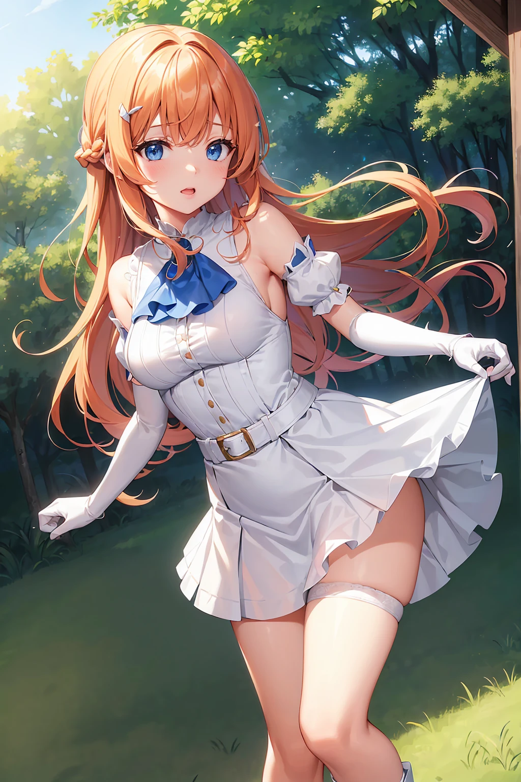 Pecorine, Pecorine, blue eyes, hair ornaments, Long Hair, Orange Hair, Tierra, Braiding, Hair Braiding,
Break Arm Belt, armor, Ascot, Blue socks, Knee-high boots, dress, gloves, hair ornaments, Open your clothes, オープンdress, Scapula, プリーツskirt, puffy short sleeve, Puff sleeves, レッドAscot, 赤いskirt, Short sleeve, Shoulder Armor, Unipolar Drone, skirt, socks, White dress, White footwear, 白いgloves,
break looking at viewer, break outdoors,standing、
break (Tabletop:1.2), Highest quality, High resolution, unity 8k wallpaper, (figure:0.8), (Beautiful attention to detail:1.6), Highly detailed face, Perfect lighting, Highly detailed CG, (Perfect hands, Perfect Anatomy),、(skirt lift:1.3), (White panties:1.3)、(skirt that rolls up:1.3)、(Full-fledged panties:1.5)、outside of home、Plein Air、Laughing with your mouth open、Cowboy Shot、