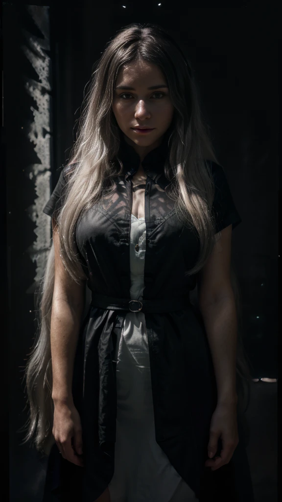 (front focus), (in the dark:1.6), Hyperrealist portrait of female by david hockney and alphonse mucha, fantasy art, photo realistic, dynamic lighting, artstation, poster, volumetric lighting, very detailed faces, 4 k, award winning, 1girl, in the dark, deep shadow, low key, cowboy shot, (official clothing:1.4), long hair, white hair