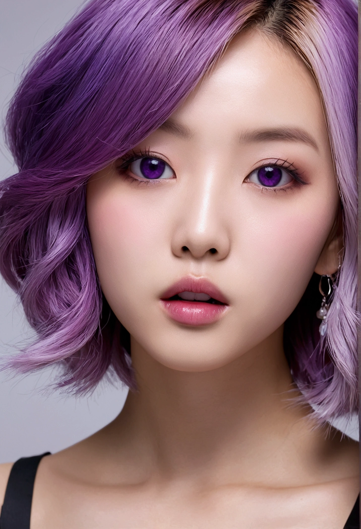(32K) 16K, 8k, 4K, 非常に美Shii顔, Small Mouth, Lip biting makeup, female々Shii, Purple Hair, Purple eyes, High resolution, perfection. Portraiture.