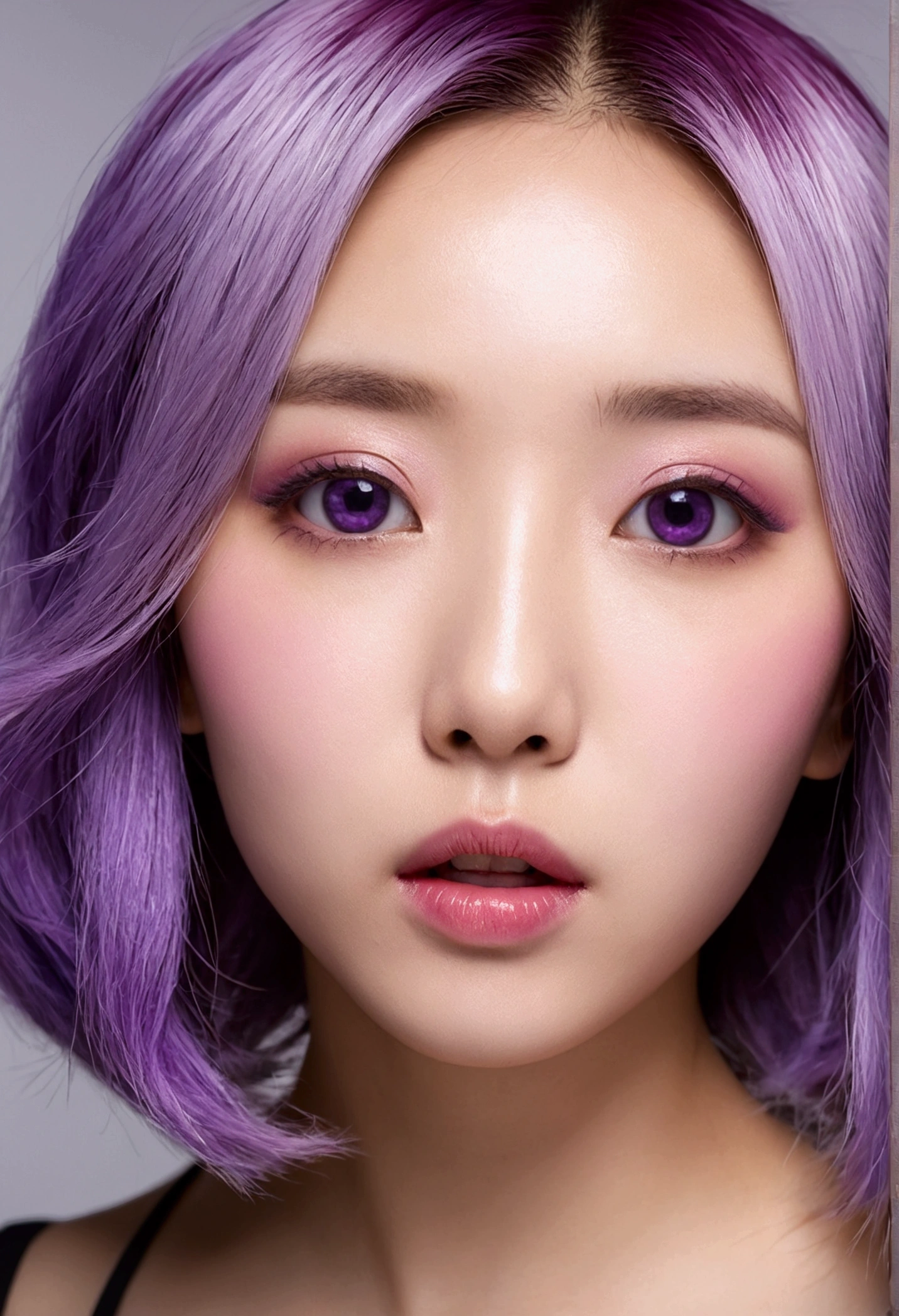 (32K) 16K, 8k, 4K, 非常に美Shii顔, Small Mouth, Lip biting makeup, female々Shii, Purple Hair, Purple eyes, High resolution, perfection. Portraiture.