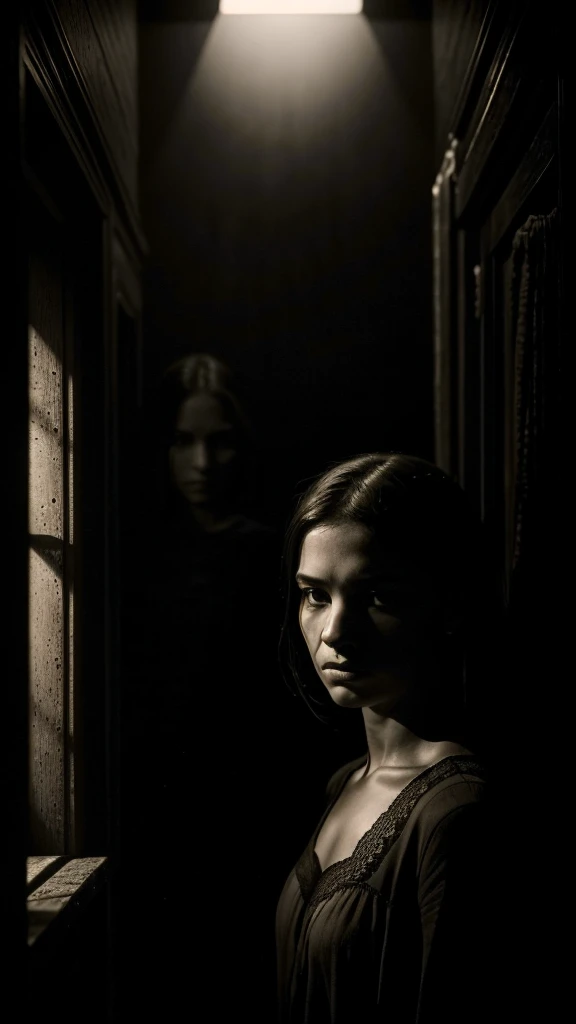 The subject stands in a dimly lit room, their face bathed in shadow. The lighting is harsh and moody, casting deep shadows across their features. Their expression is unreadable, and there is a sense of depth and intrigue in their dark eyes. The photo is shot in black and white or sepia tones, adding to the sense of mystery and atmosphere.
