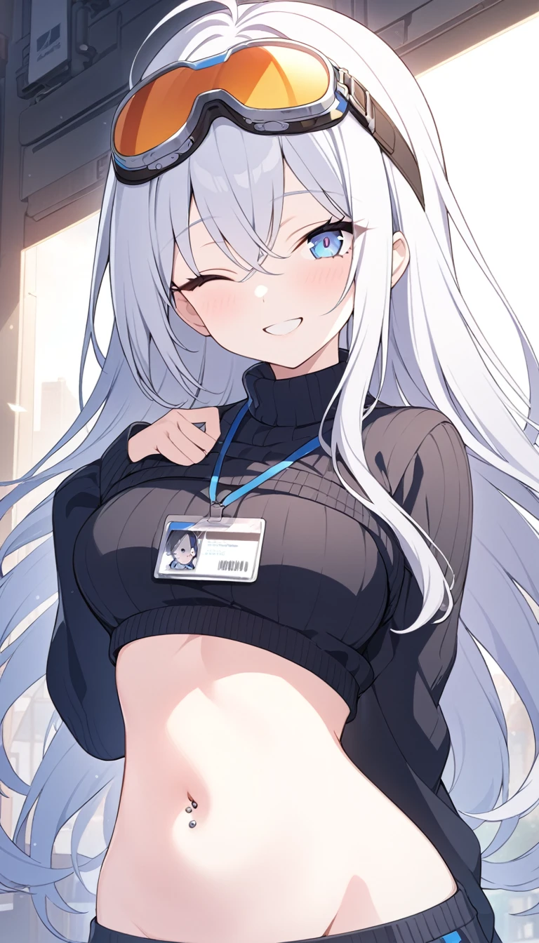 High frame rate,masterpiece,Highest quality,Official Art,Highly detailed CG Unity 8k wallpaper, cleavage,sexy anime girl, 1girl, piercing, breasts, goggles on head, Underbob, one eye closed, goggles, 独奏, smile, Blue eyes, long hair, sweater, id card, navel piercing, look viewer, navel, mole, white hair, long sleeve, turtleneck sweater, turtleneck, sweater lift, blue nails, grinning, black sweater, tattoo, upper body