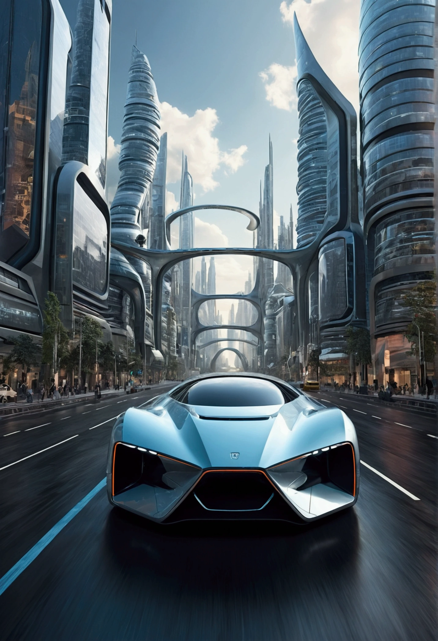 futuristic car driving through a futuristic city