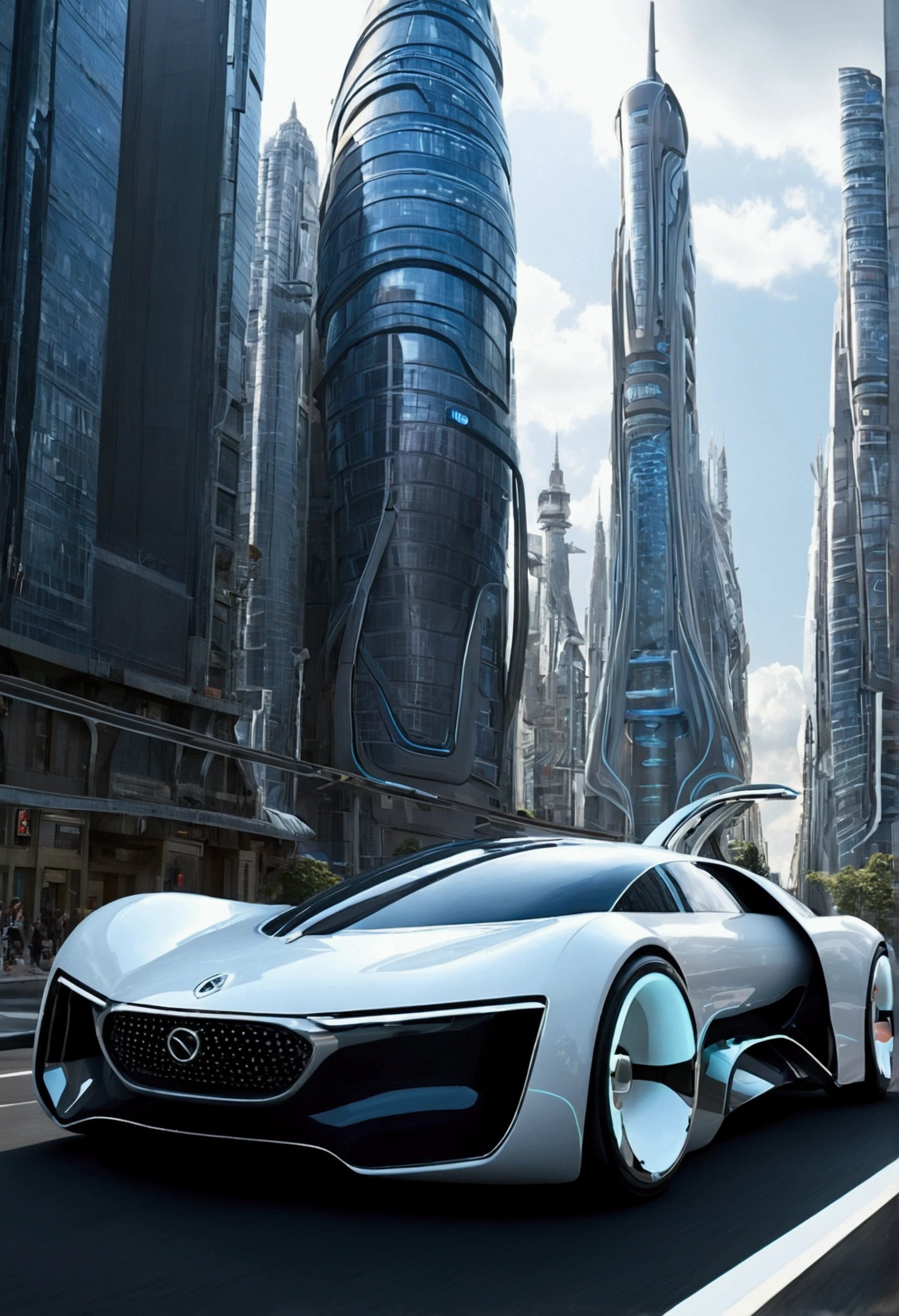 futuristic car driving through a futuristic city