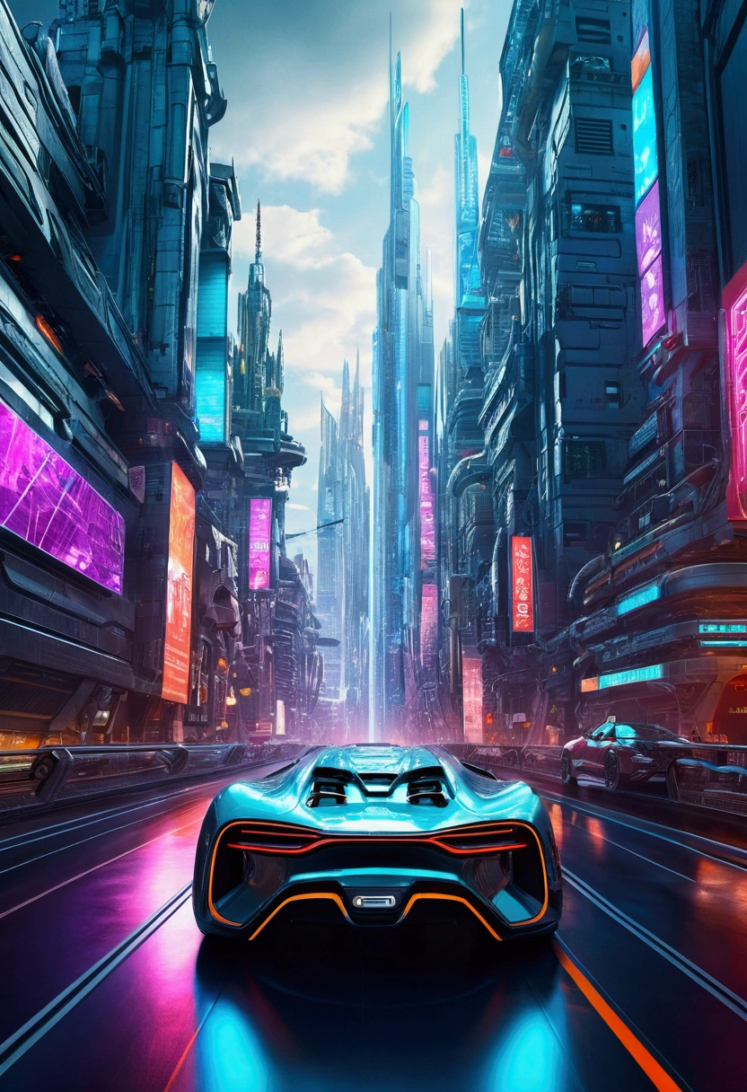 futuristic car driving through a futuristic city