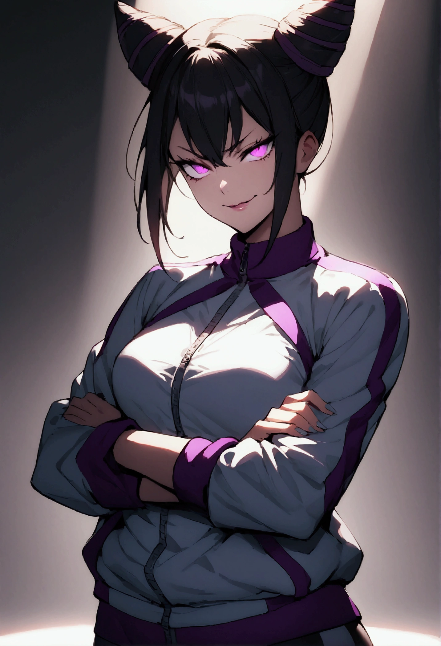 beautiful young fitness woman with , in a gym wearing May with black pantyhose, white and purple fitted gym jacket. standing alone,hair horns,bright purple eyes,Evil smile,legging preto aura roxa,arms crossed eye shadow,whole body,labiaa