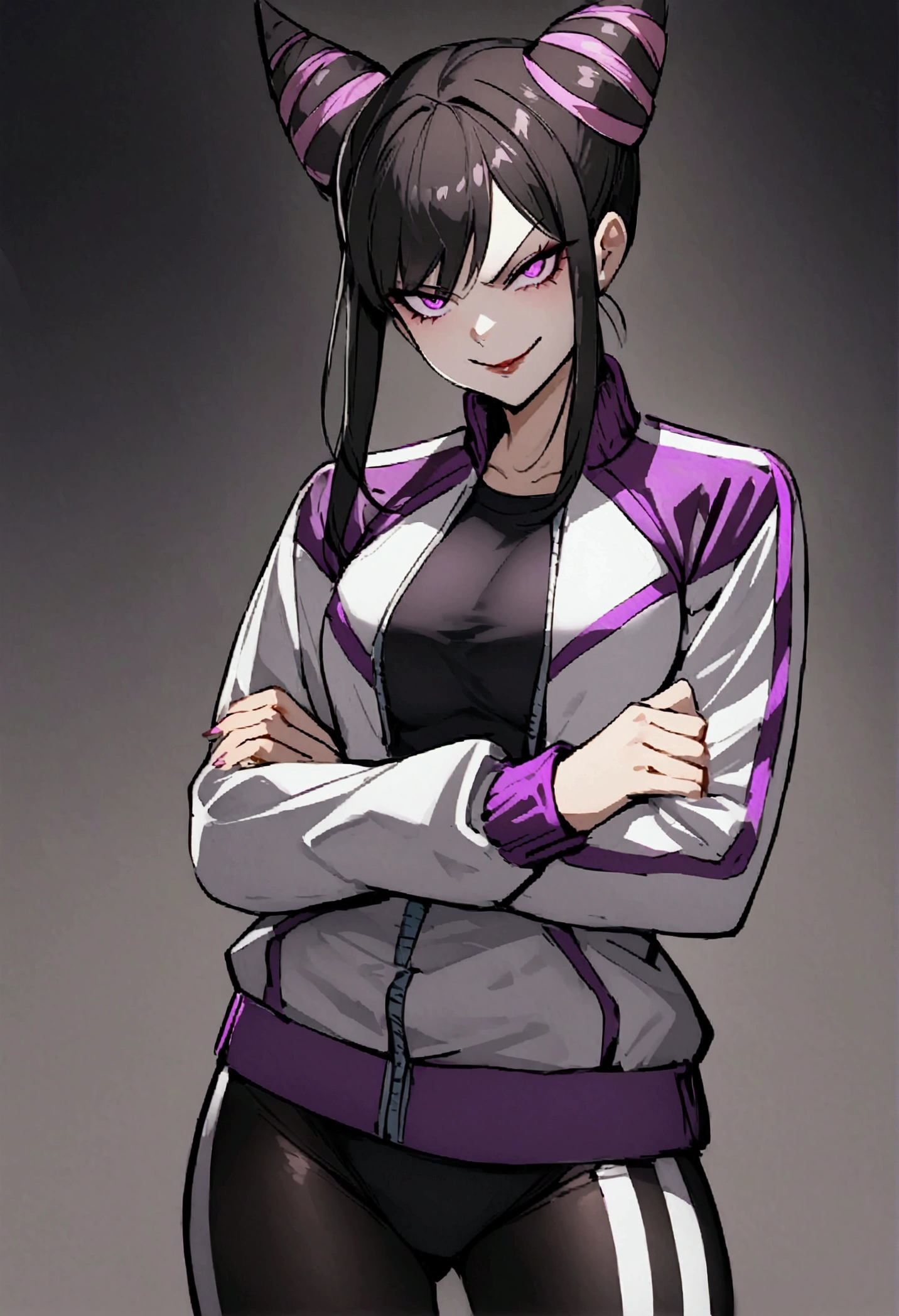 beautiful young fitness woman with , in a gym wearing May with black pantyhose, white and purple fitted gym jacket. standing alone,hair horns,bright purple eyes,Evil smile,legging preto aura roxa,arms crossed eye shadow,whole body,labiaa