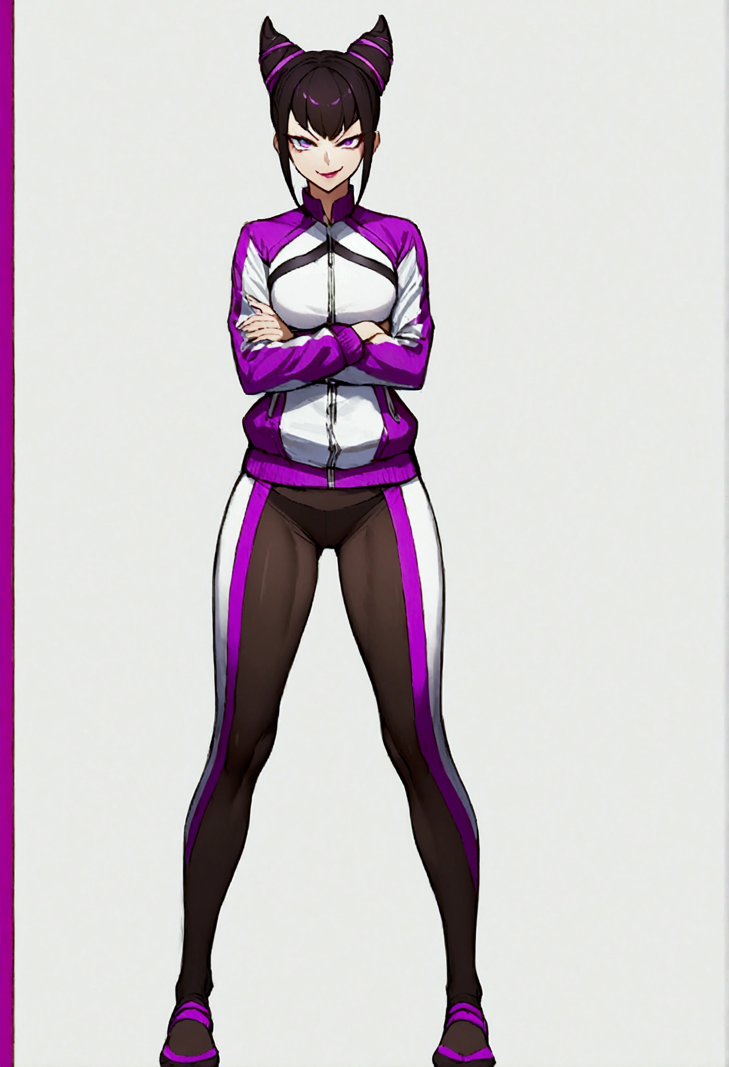 beautiful young fitness woman with , in a gym wearing May with black pantyhose, white and purple fitted gym jacket. standing alone,hair horns,bright purple eyes,Evil smile,legging preto aura roxa,arms crossed eye shadow,whole body,labiaa