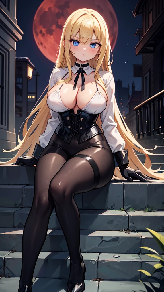 masterpiece, Excellent image quality, High resolution dark photo, 4K images ,whole body, Young blonde woman, city at night, city in ruins, red moon, medieval European street, gothic building, outdoors, stone staircase, sitting on the steps, glaring, sharp eyes, black cloak, shadows around the eyes, buttocks, Big Ass Vagina, Big Breasts, Beautiful Face, Long blonde hair, Blue eyes, stern face, Choker, white button-down, long-sleeved white shirt, black gloves, Gloves to cover your hands, Black Leather Corset Shiny Black Leggings Legs Spread Legs Lingerie