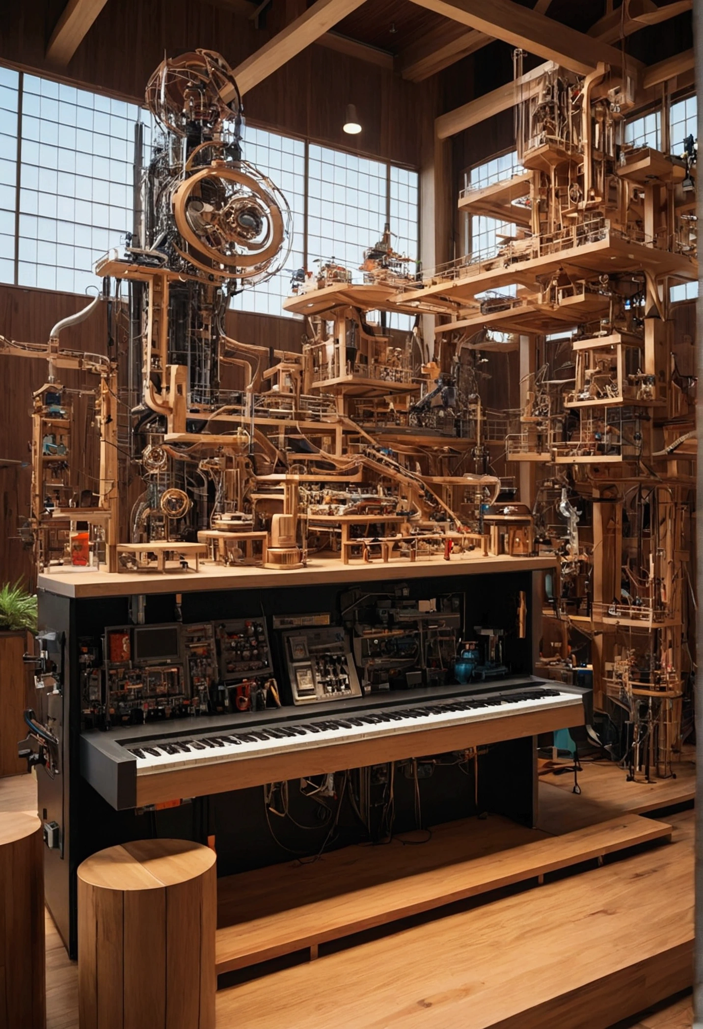 Japan、Wooden stage(Futuristic cybernetic Rube Goldberg machine in the center of the image:1.2)、kitsch、high tech、distinct、Cinematic、Anime influences、ultra modern、Sharp Focus、landscape