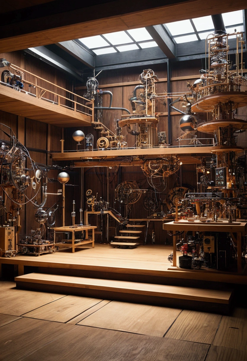 Japan、Wooden stage(Futuristic cybernetic Rube Goldberg machine in the center of the image:1.2)、kitsch、high tech、distinct、Cinematic、Anime influences、ultra modern、Sharp Focus、landscape