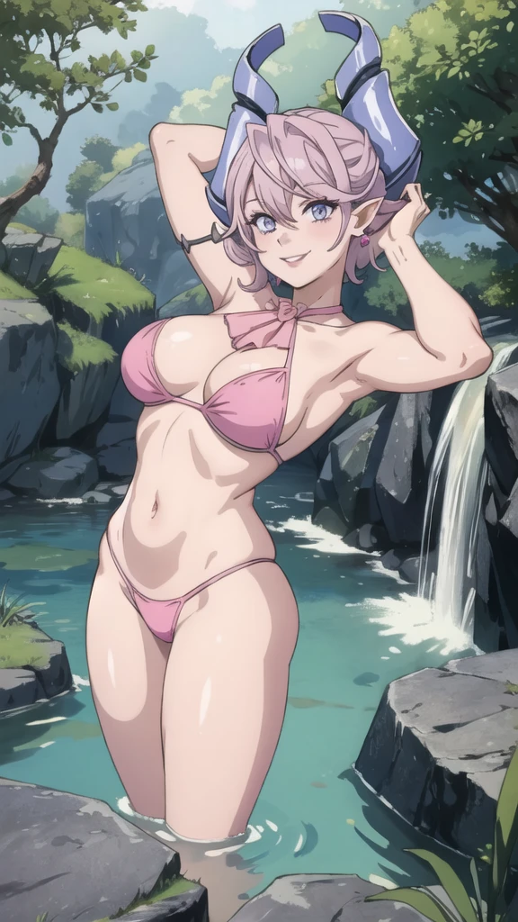 Waterfalls High level image quality best image quality 8K adult woman background a lake in the middle of jungle outside more colors whole body view portrait wearing deep pink bikini pink horn ears short hair((shortcut)(gray hair)(perm)(fluffy)) eye color is blue , , attractive evil face , smile , sexy pose , labrynth , barearm , both arms up the head , wearing pink , standing ,