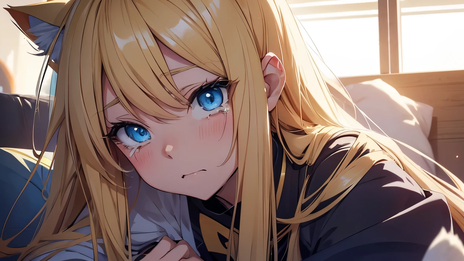 Anime cat girl with long yellow hair and blue eyes is crying.