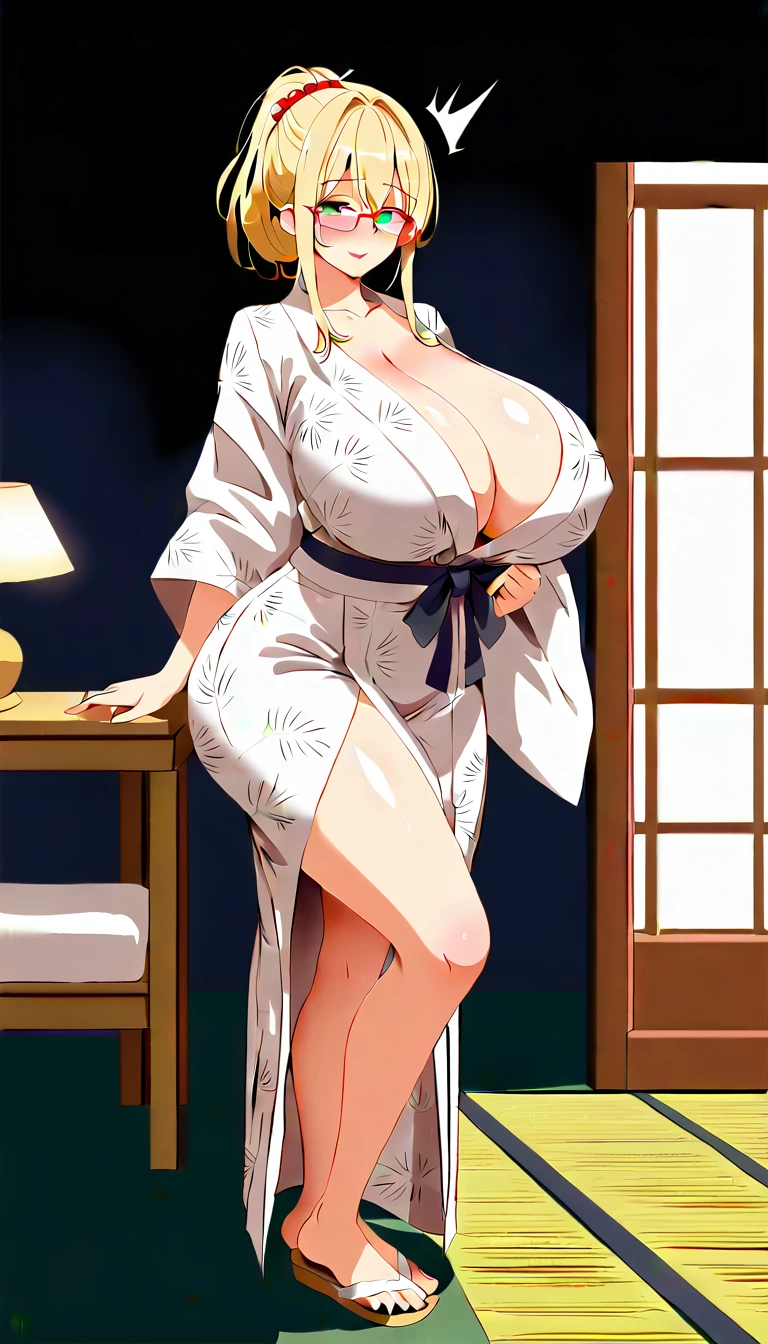 (POV from the side above), (Best quality: 1.5), (masterpiece: 1.5), (2.5D), (good definition), (detailed face), (well drawn face), (excellent drawing), ( vivid colors), (exaggerated proportions), (hentai), (perfect anatomy), (character in the center), (absurdity), (4k wallpaper), (detailed eyes), (perfect hands), (perfect fingers) , (beautiful skin), (glowing skin), (perfect shadows), (perfect lighting), (full body), (beautiful eyes), (masterpiece), (voluptuous body), (pretty face), adult woman, MILF seductive, mature MILF face, mature woman, blonde hair with low and slightly disheveled ponytail, green eyes, wears glasses, wears an elegant yukata, very surprised and blushing expression, huge breasts, huge thighs, huge butt, voluptuous body, good proportions, She stands at the entrance of a traditional Japanese house, an older, robust man stands behind her and spanks the woman causing her to lean forward with an expression of surprise and pain.