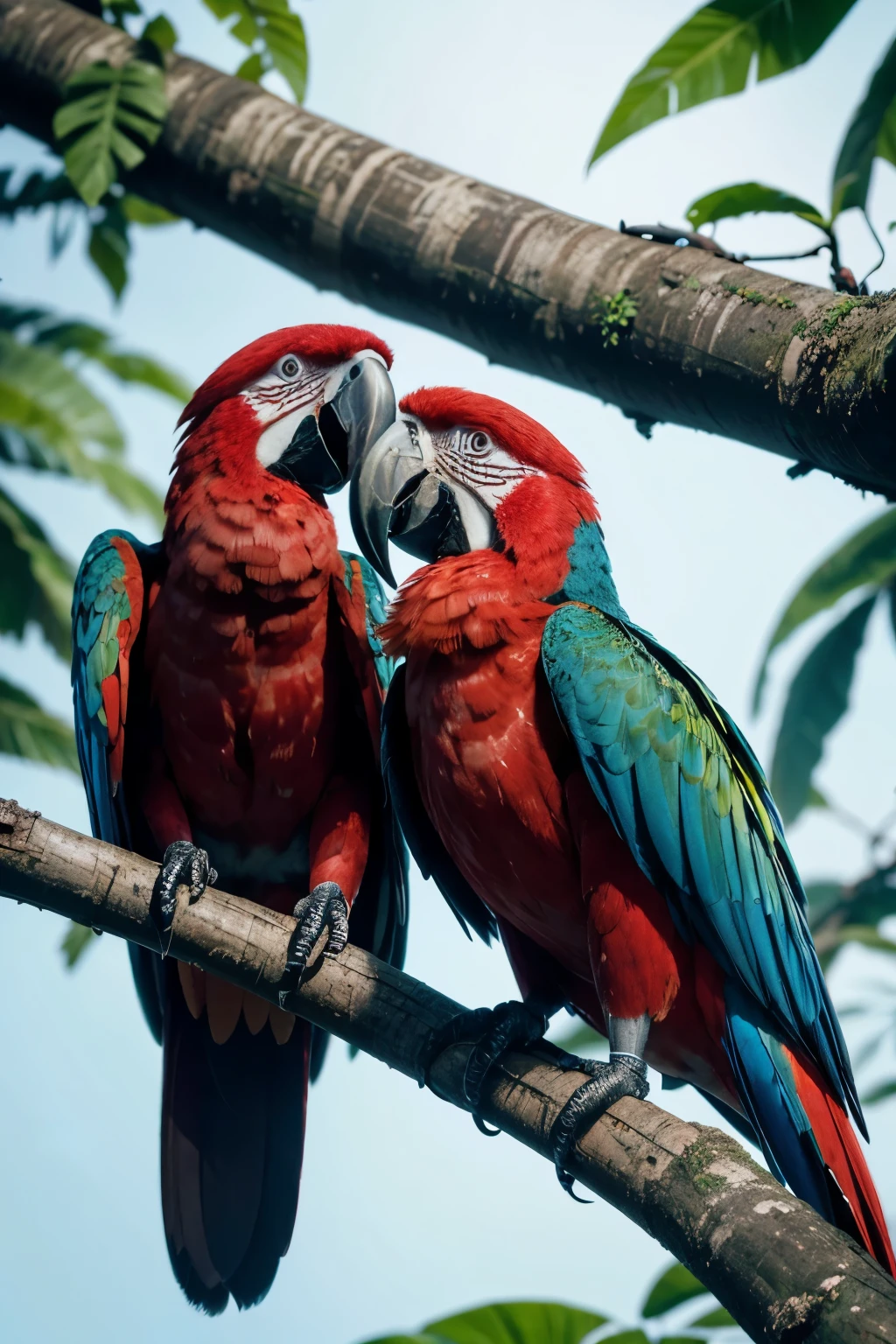 Two macaws of the Juba species, lodges side by side on a tree branch in the treetop, close-up detailed view, 8k, treetop atmosphere