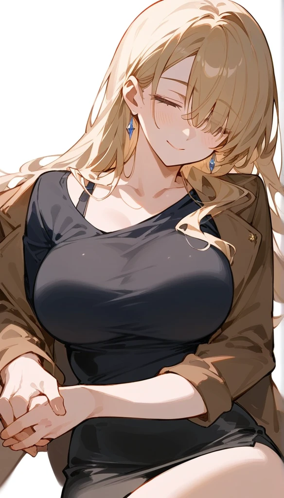 A beautiful woman with long medium blonde hair, Very straight hair (bangs covering one eye) kawaii, Bangs cover the right eye slightly large breasts, blue slanted eyes, (Using a closed brown coat posing with a soft smile against a white background, her right eye visible and eye color yellow, Elegant wearing a black t-shirt wearing a long, tight black skirt, right hand holding the left hand left hand resting on the side of the thigh. Beautiful narrow open eyes