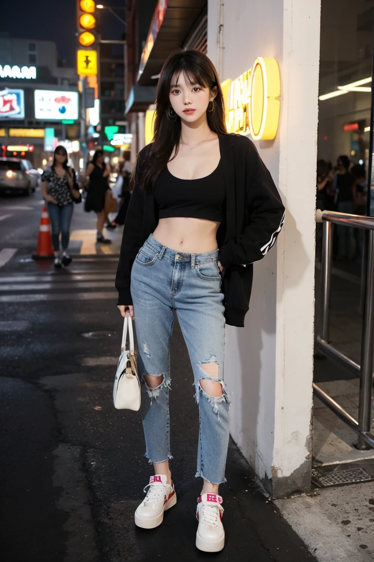 HD, retina, masterpiece, precise, anatomically correct, textured skin, super detail, high detail, high quality, Awards, best quality, mackerel, 4K, a Japanese girl, 20 years old, sexy, blushing, long black hair, brown almond-shaped eyes, big round breasts, cleavage, wearing trendy Y2K fashion including a cropped, metallic silver top, low-rise jeans with embellished details, and chunky platform sneakers, standing in a vibrant, urban setting with colorful graffiti and neon lights, soft, dynamic lighting from nearby neon signs creating a retro-futuristic atmosphere with vivid reflections and highlights, depth of field, professional camera lens with a 50mm lens to capture fine details and the stylish setting, ((half-body shot)), ((confident)), energetic and fashionable mood, posing with one hand on her hip and the other holding a trendy accessory like a small handbag or sunglasses, facing the camera with a playful and confident expression, central composition, vibrant backdrop enhancing the Y2K aesthetic and emphasizing the bold elements of her outfit,