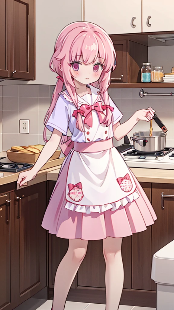 1girl,pink hair, pink eyes with love, detailed eyes, straight hair, straight bangs, shiny hair,
,red bowtie,purple skirt,purple shirt,pleated skirt,short sleeves, high-definition,masterpiece, best quality, slim waist, cute, sailor uniform, Wear an apron, holding a spatula Cooking pancakes in a pan, modern kitchen, Warm and cozy kitchen lighting, (PastelColors: 1.3)