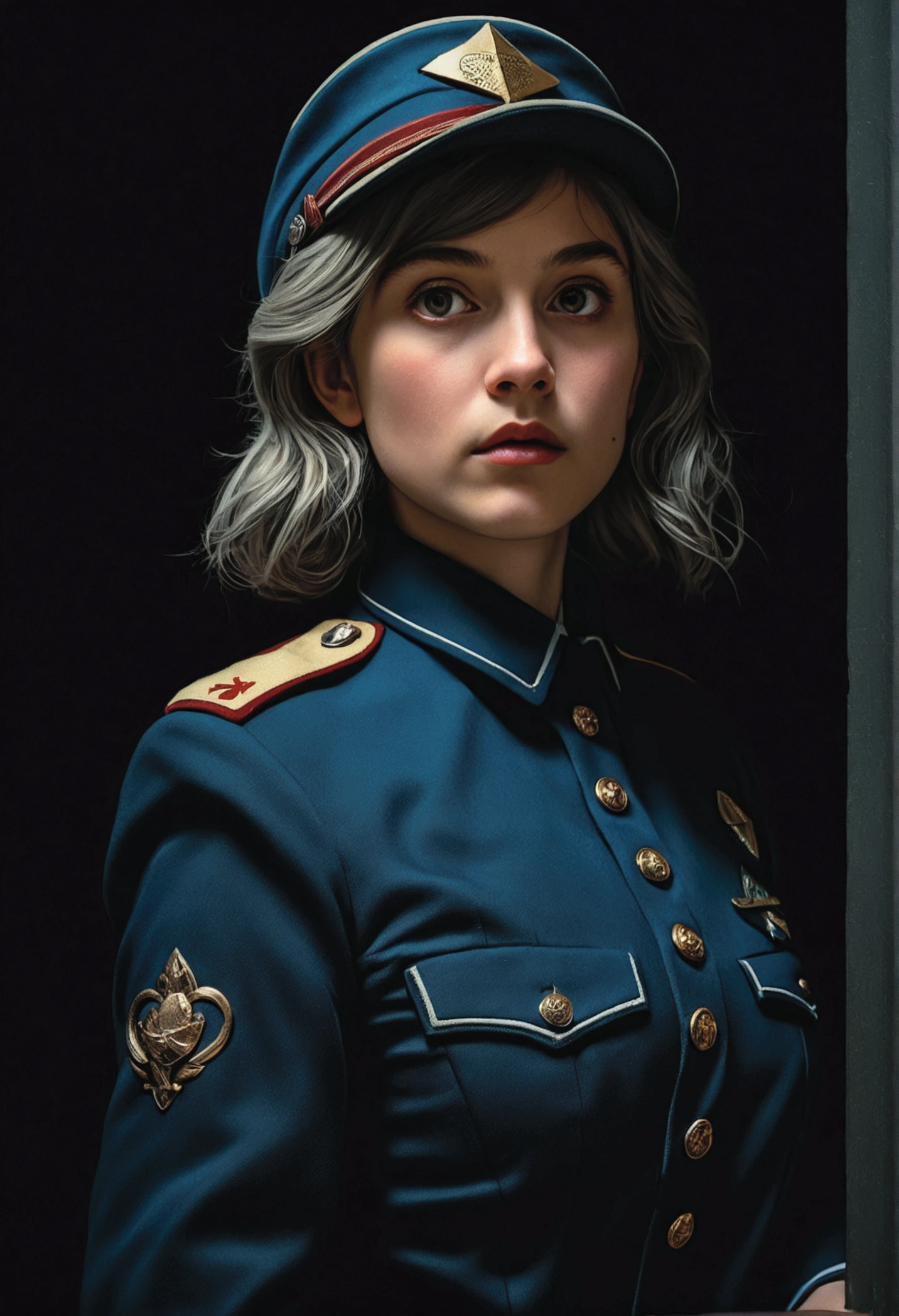 (Front Focus), (In the Dark: 1.6), Surrealist female portraits by David Hockney and Alphonse Mucha, Fantasy art, Photographic realism, Dynamic Lighting, Art Station, Poster, Volumetric lighting, Highly detailed face, 4k yen, pantyhose, Shorts, One girl, In the Dark, Deep Shadow, Modest, Cowboy Shot, (Official Uniform: 1.4), Long Hair, Gray Hair,