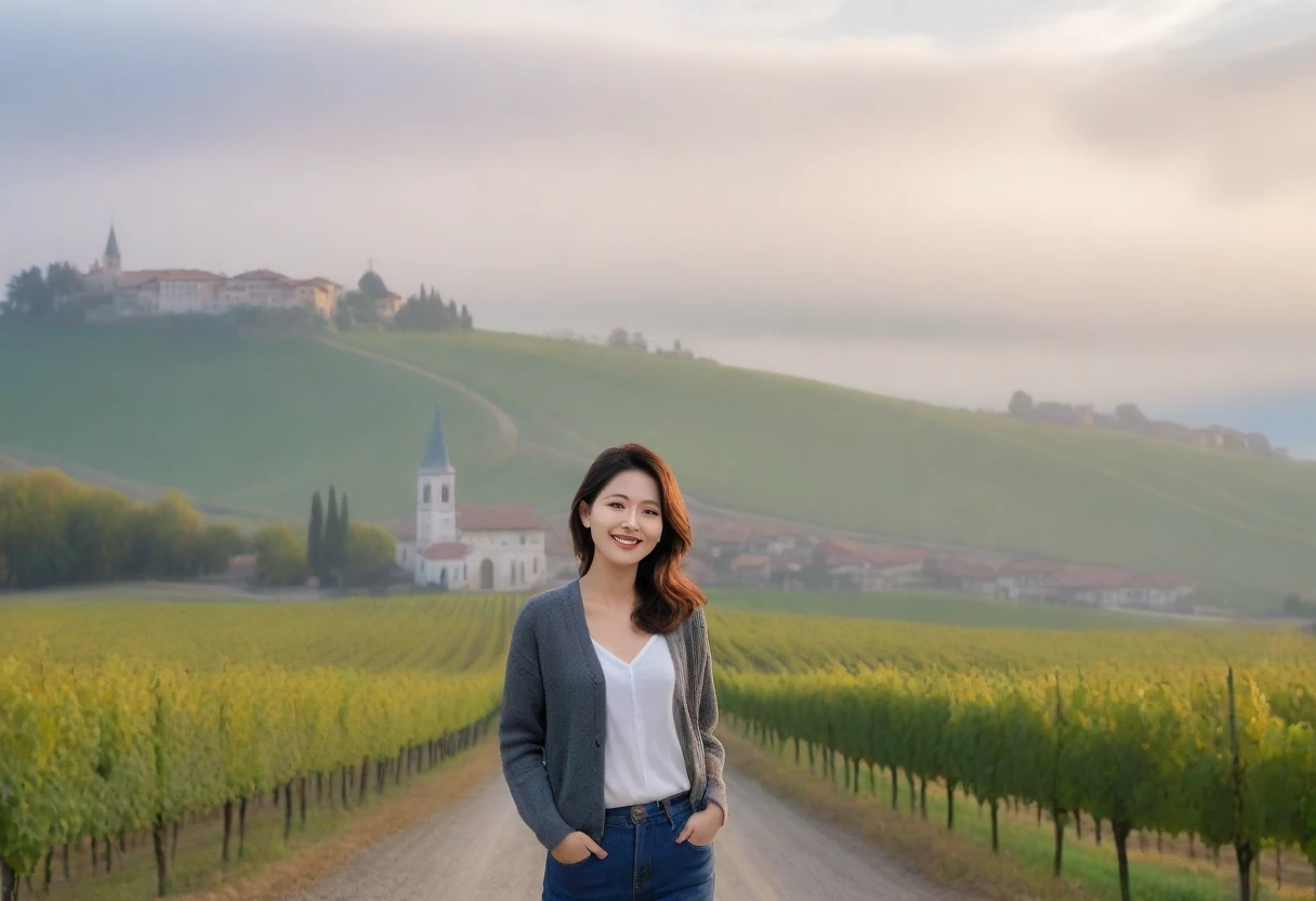 8k best picture quality, Beautiful 36-year-old Korean woman, Chest size 34 inches, Early autumn dawn in northern Italy, View of the cathedral next to the vineyards, The back background is realistic and vivid quality., short medium hair, white shirt and cardigan, Wear casual pants, Smile slightly. the background is clear, look up to the side. Cottonwood street trees Looking at vineyards covered in thick fog from a hillside road