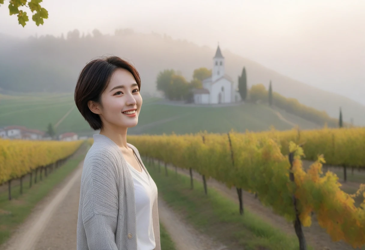 8k best picture quality, Beautiful 36-year-old Korean woman, Chest size 34 inches, Early autumn dawn in northern Italy, View of the cathedral next to the vineyards, The back background is realistic and vivid quality., short medium hair, white shirt and cardigan, Wear casual pants, Smile slightly. the background is clear, look up to the side. Cottonwood street trees Looking at vineyards covered in thick fog from a hillside road