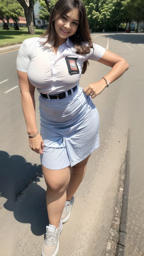 1girl, solo, (uniform), (ultra wide angle shot :1.4), standing, street of jakarta, surprisingly beautiful scenery, detailed face, seductive smile, detailed eyes, thick breasts, smooth skin, tight white shirt, grey blue short skirt, looking at the audience, low angle shot,(8k, RAW photo, best quality, masterpiece: 1.2), (realistic, realistic: 1.37), ultra-high resolution