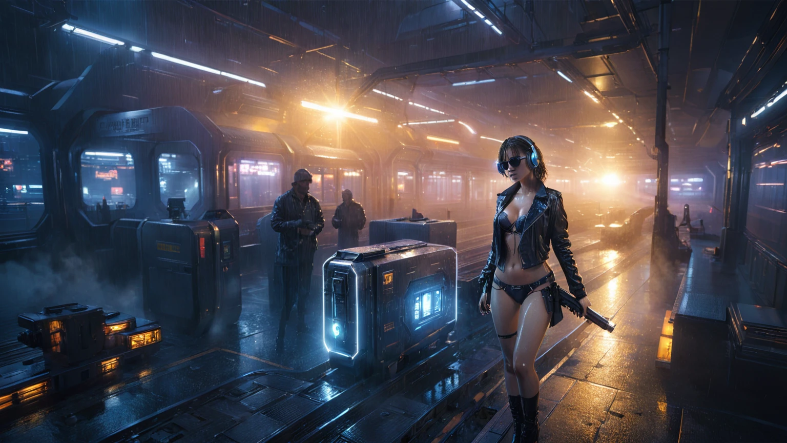 (((aerial view))), Blade Runner style futuristic railway platform, hi-tech train, neon lights, rainy night. (1girl, solo, alone), large-breast:1.2 slim body, cleavage:1.1, sexy lingerie with wet jacket, headphone, (black sunglasses), (((she raised a pistol:1.8 and shot:1.8 the viewer))), dynamic pose, (((half-body thigh level medium shot))), cinematic lighting, lens flare, ray tracing, blurred:1.4 background.