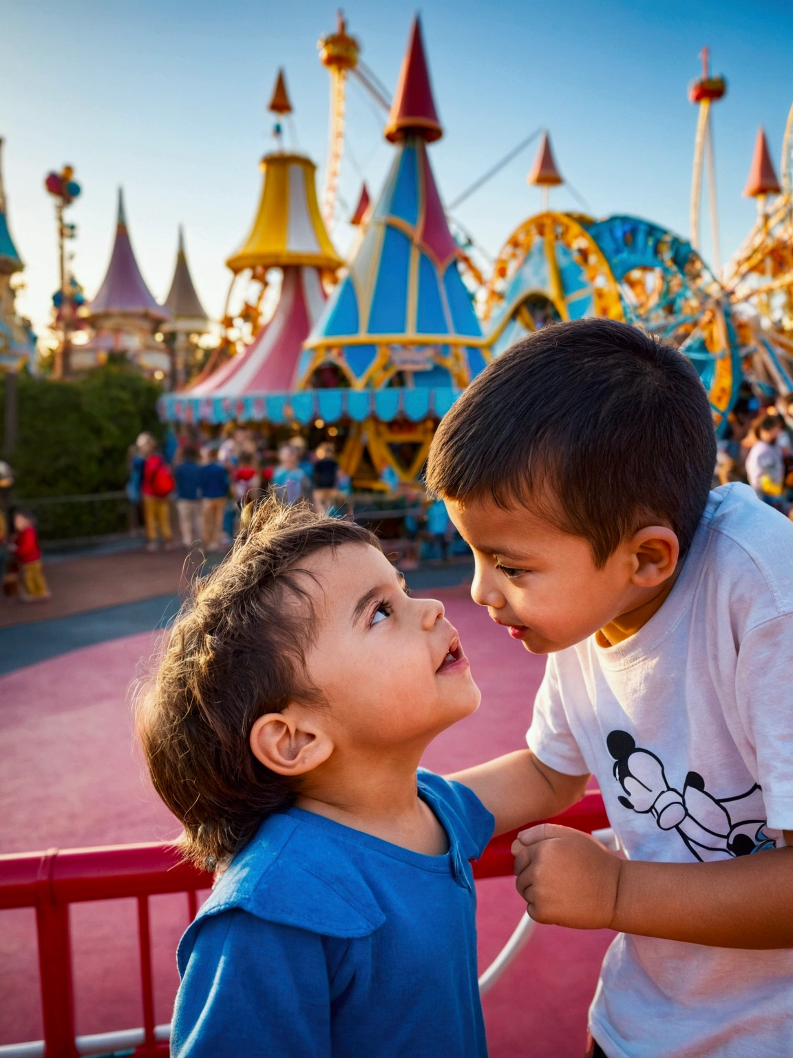 two children standing next to each other while having fun, children's amusement park , with a Ferris wheel in the background , dream world, , background is Disneyland Ferris wheel, detailing , Clear picture, best quality profile picture, Disney 8 K photo,