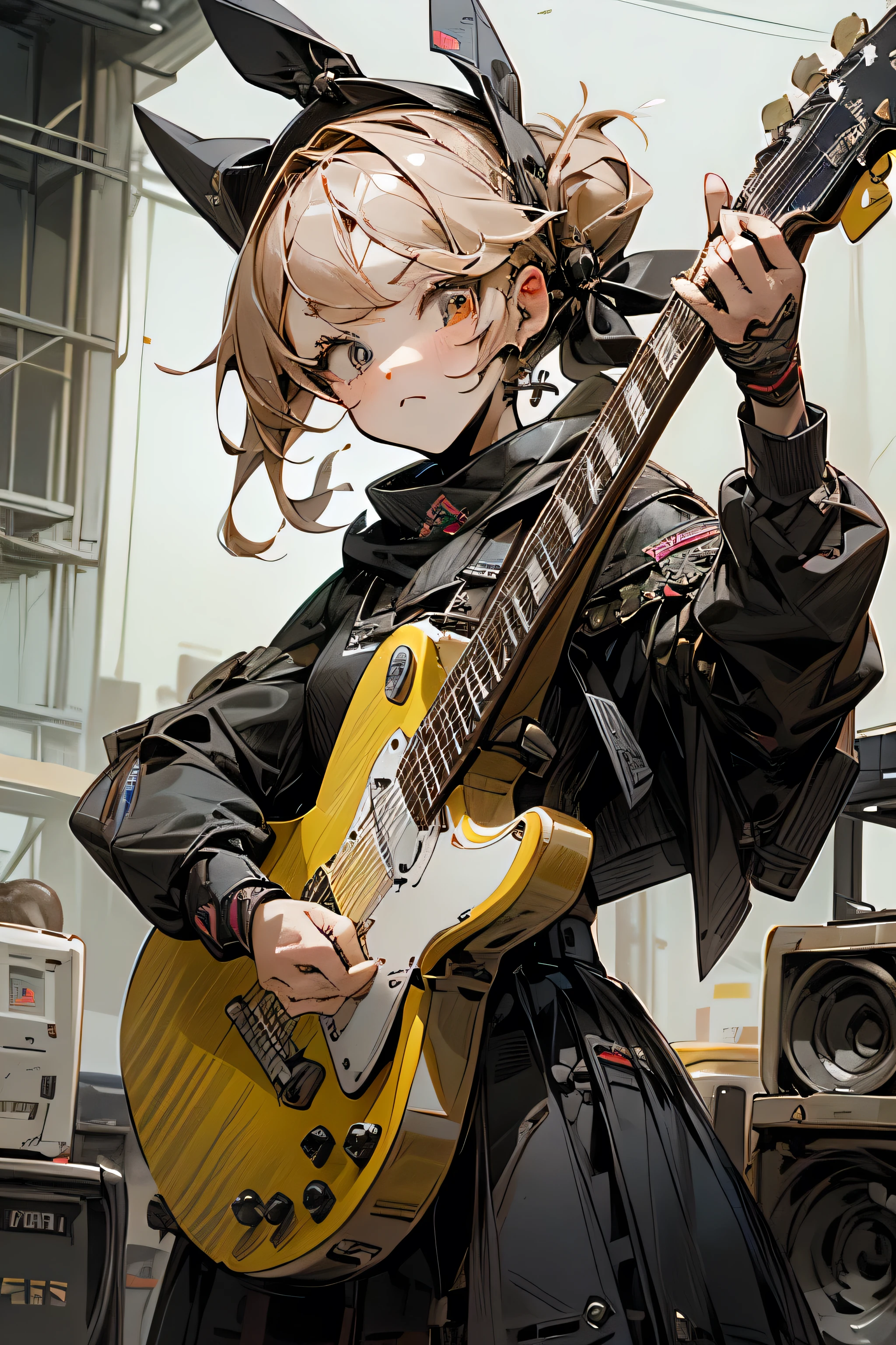 MECA,droid,robot,guitar,1girl,masterpiece,beat quality,superdetailed,super fine illustration,(Break ライブハウス,beautiful background,),pop,(Break she is playing a guitar.)8k,(Break perfect guitar,detailed guitar),(fullface brasched:1.3),cool face,
